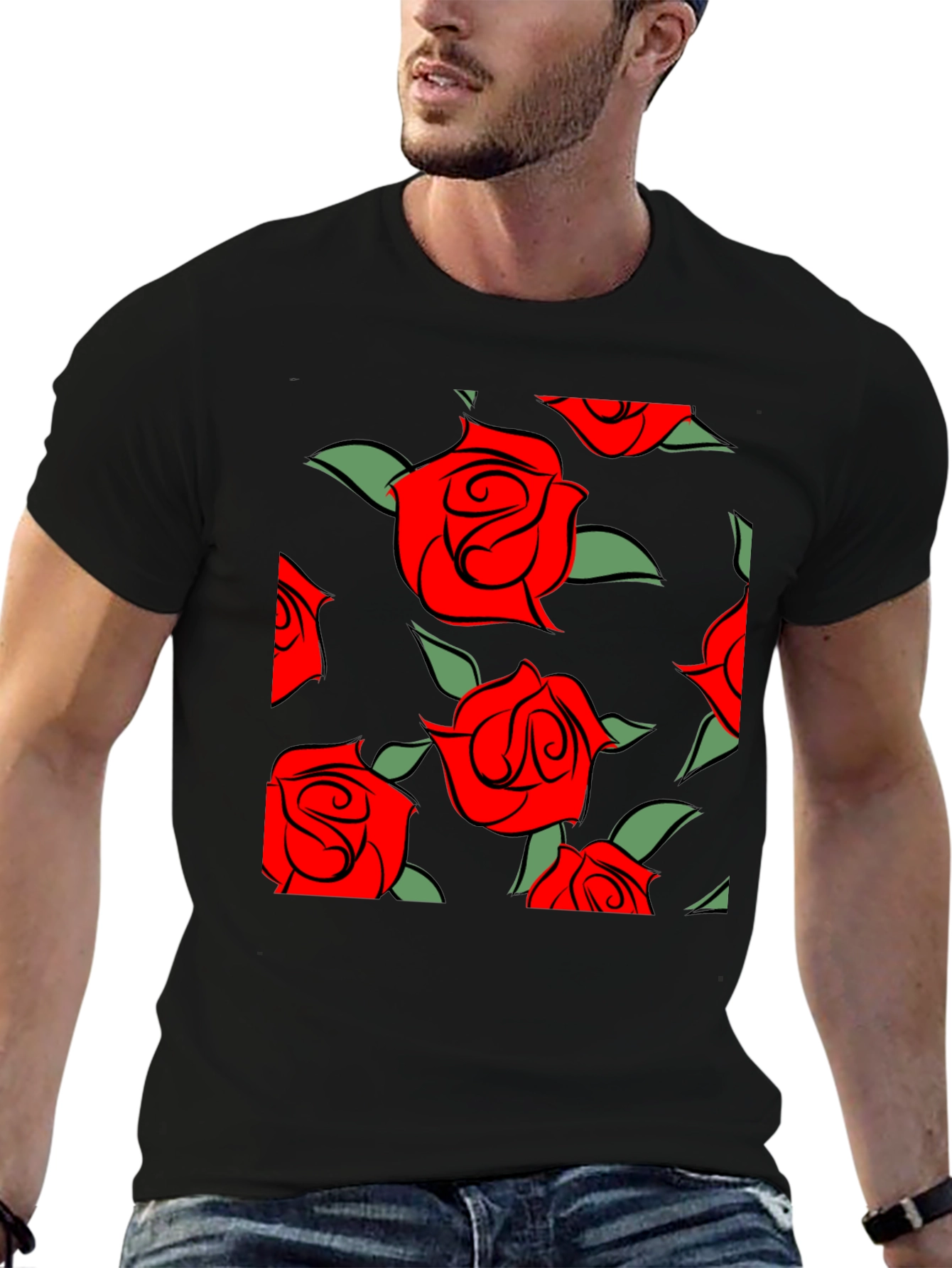 Red Rose Pattern Black T-Shirt