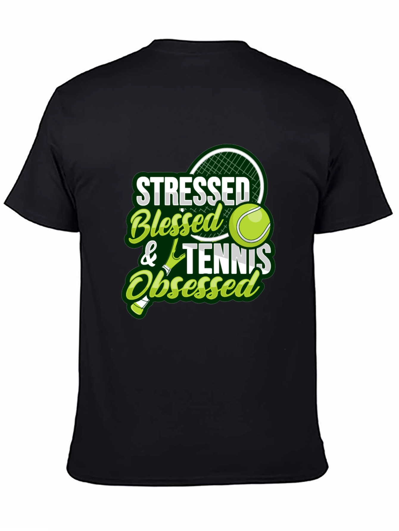Stressed Blessed Tennis Obsessed Black T-Shirt