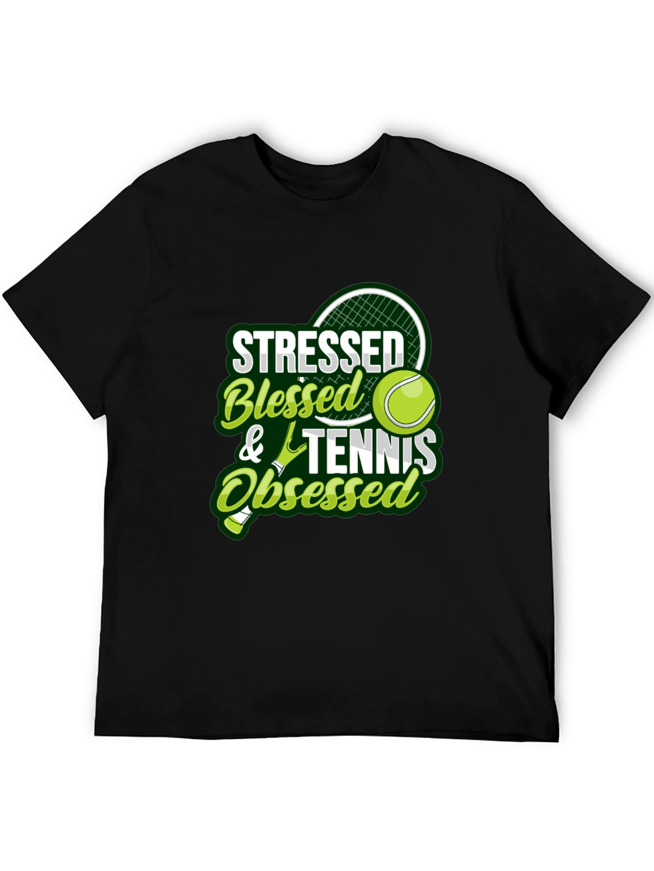 Stressed Blessed Tennis Obsessed Black T-Shirt