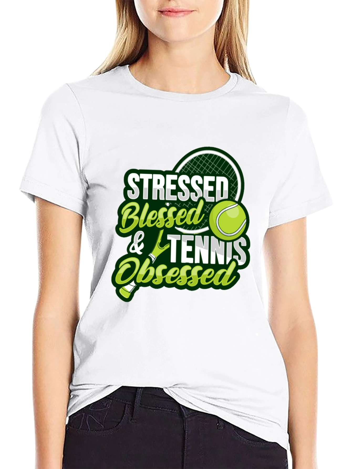 Stressed Blessed Tennis Obsessed Black T-Shirt