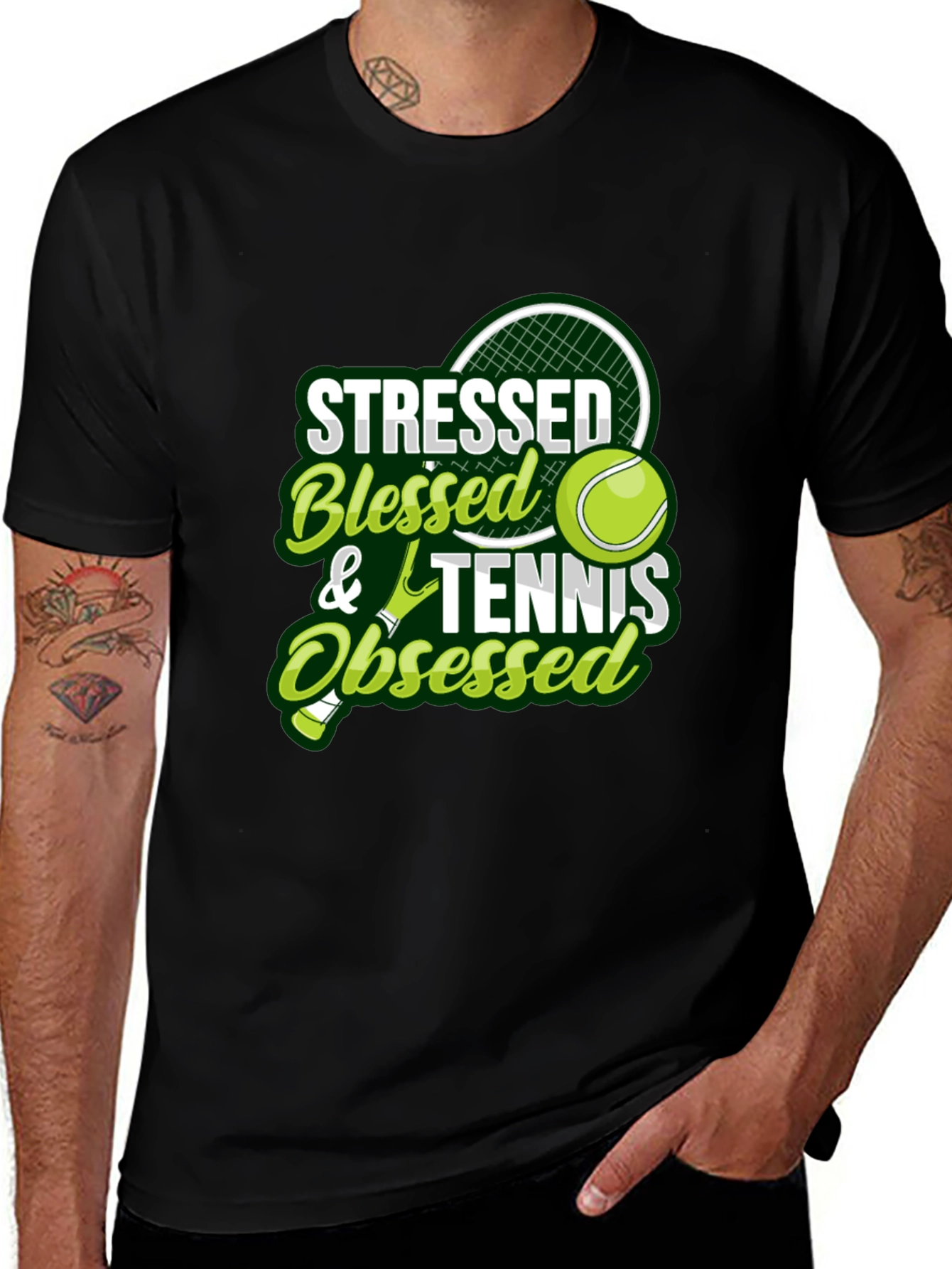 Stressed Blessed Tennis Obsessed Black T-Shirt