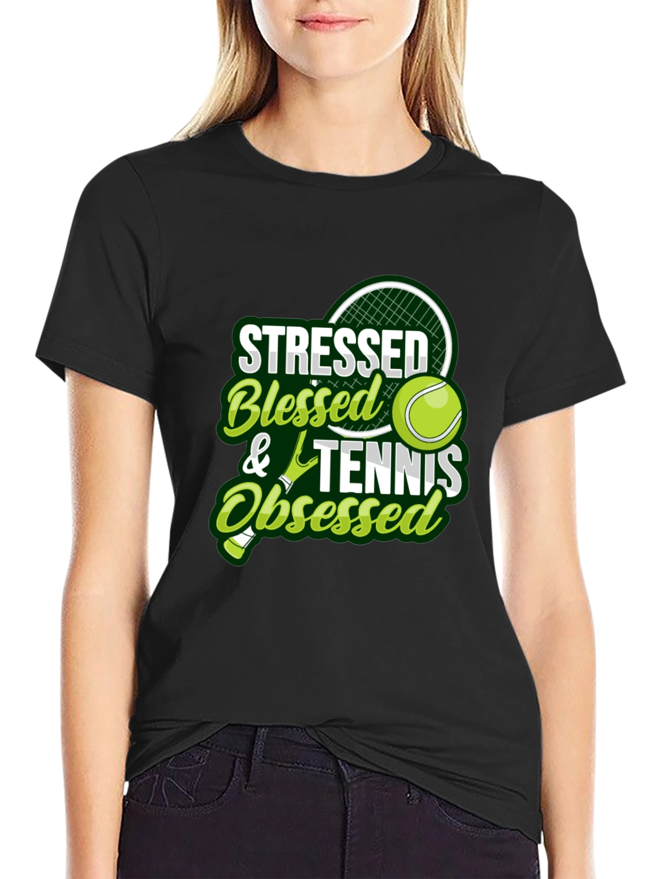 Stressed Blessed Tennis Obsessed Black T-Shirt