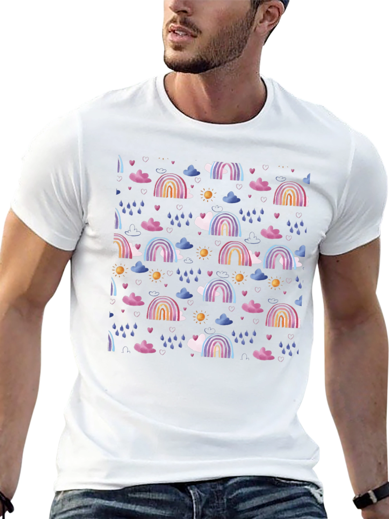Rainbow Cloud Pattern Black T-Shirt