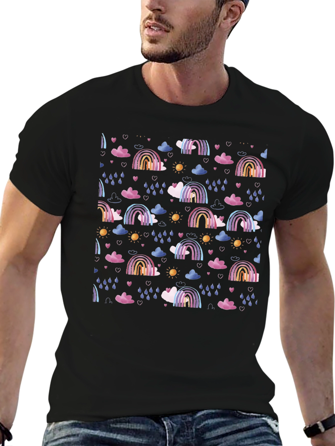 Rainbow Cloud Pattern Black T-Shirt
