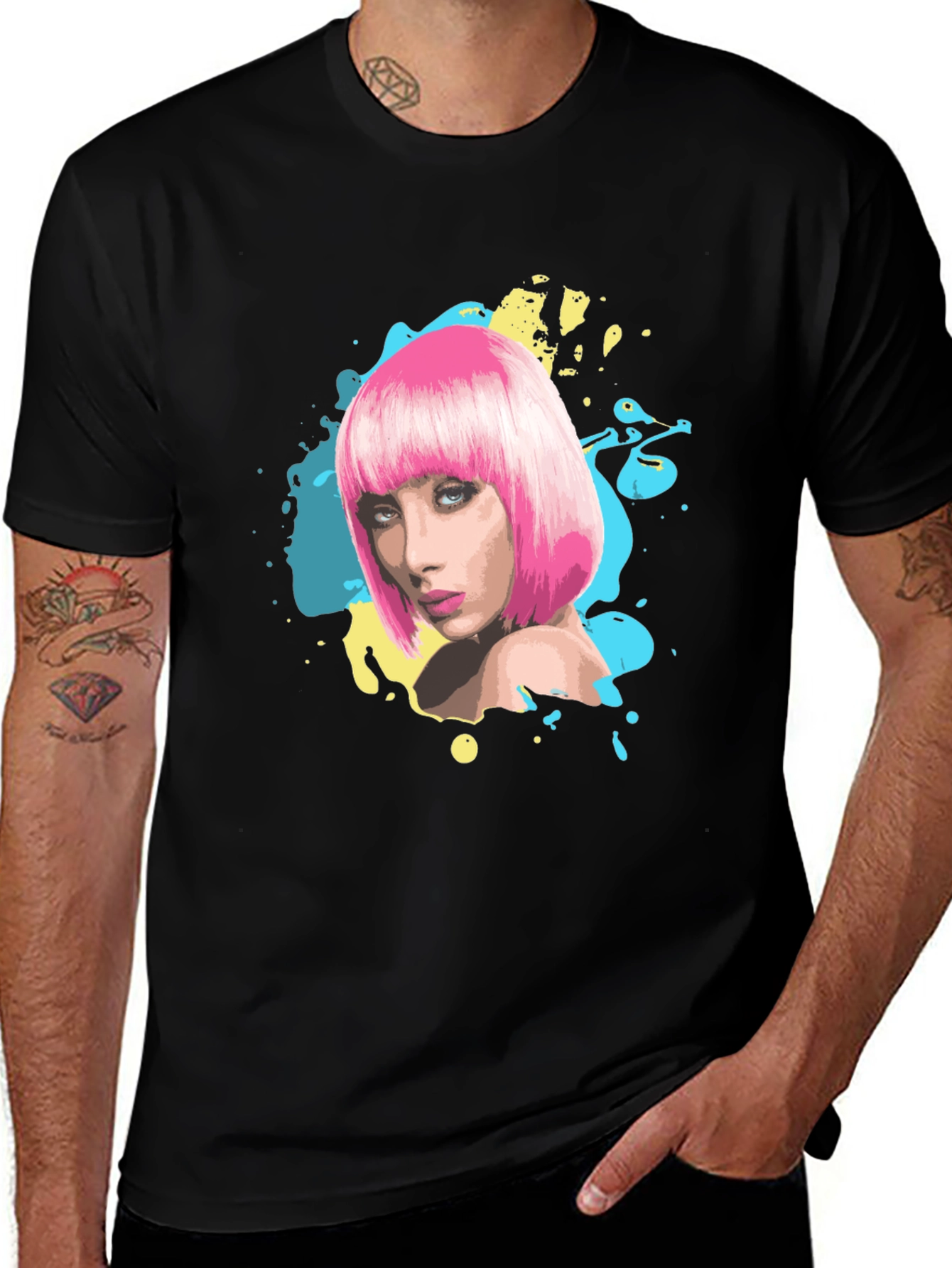 Stylish Graphic Tee - Pink Wig Woman