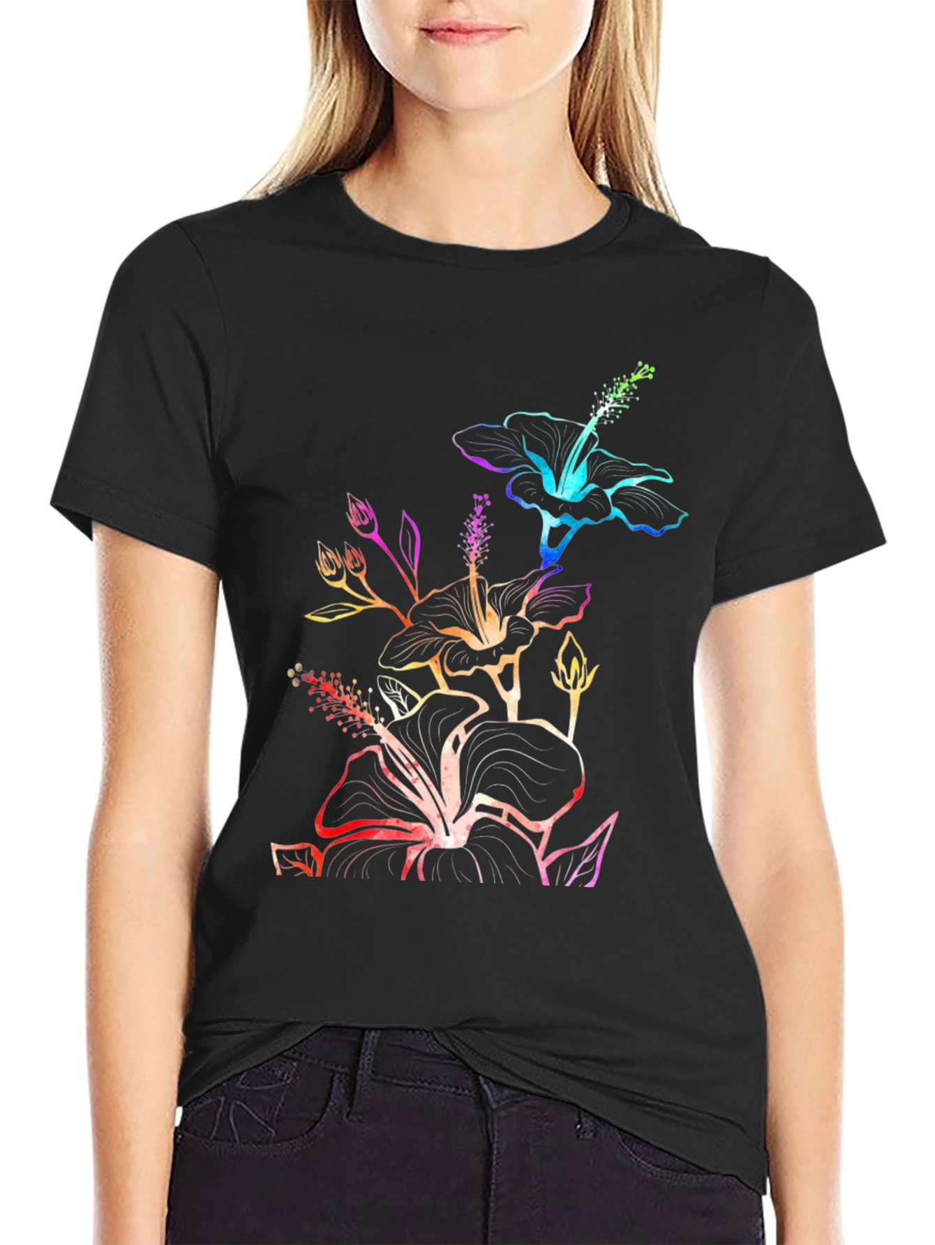 Rainbow Hibiscus Black T-Shirt