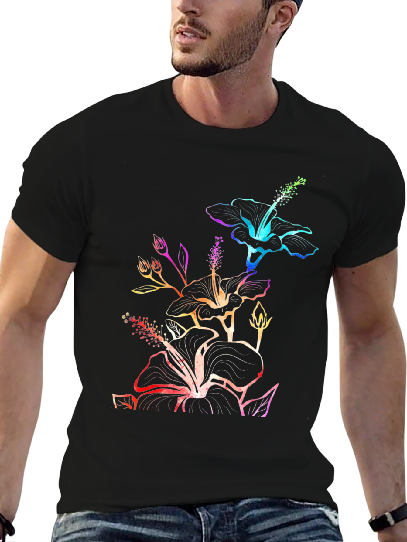 Rainbow Hibiscus Black T-Shirt