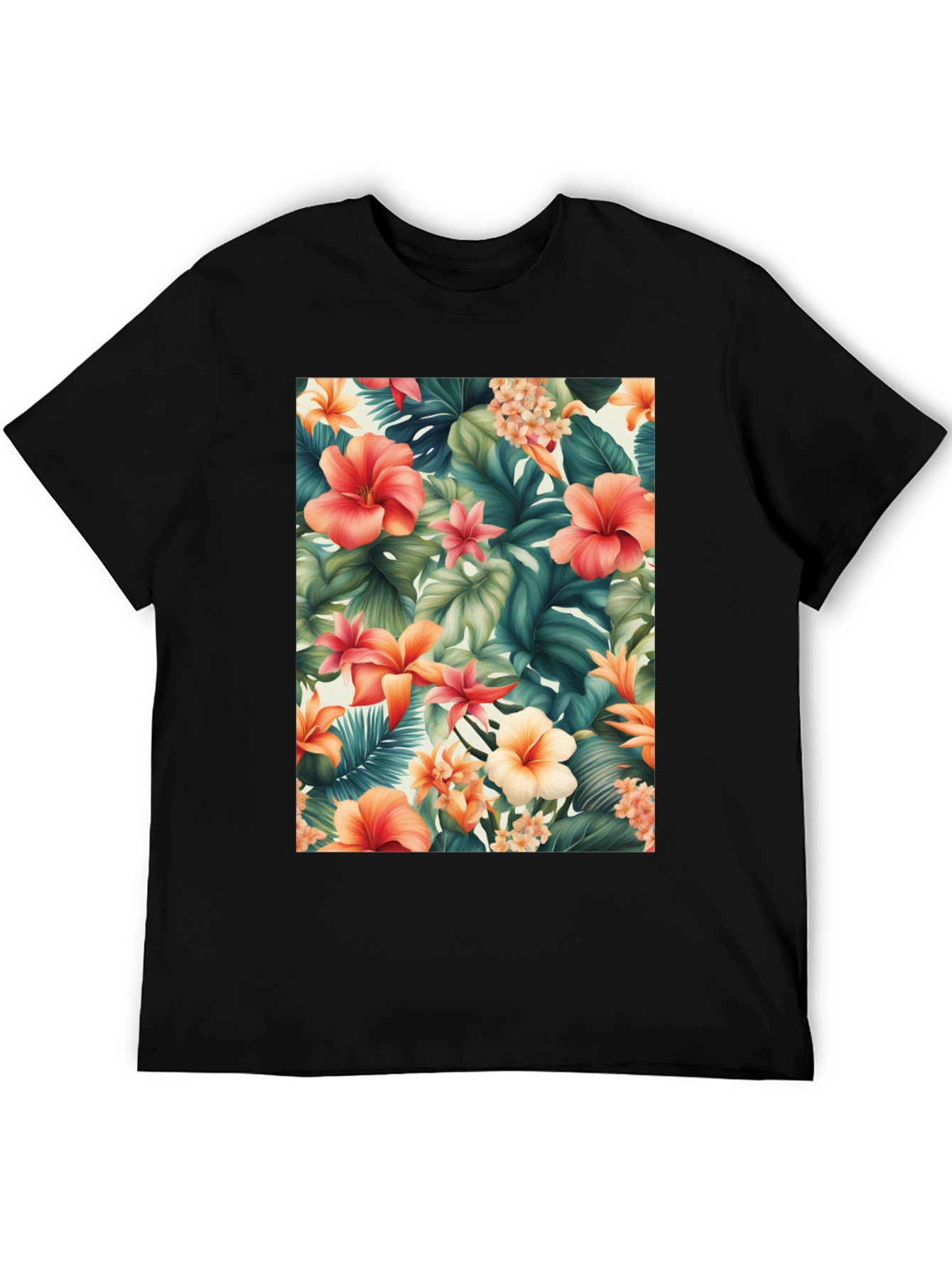 Tropical Floral Print Black T-Shirt