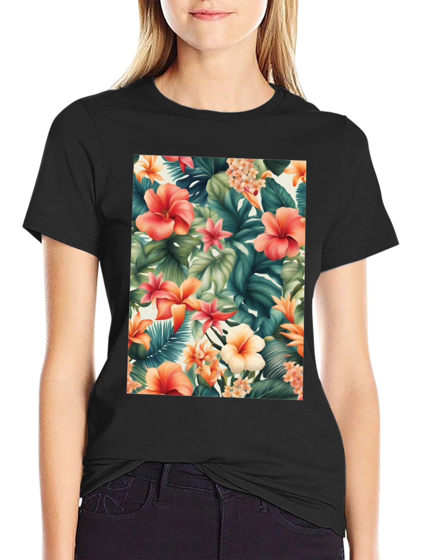 Tropical Floral Print Black T-Shirt
