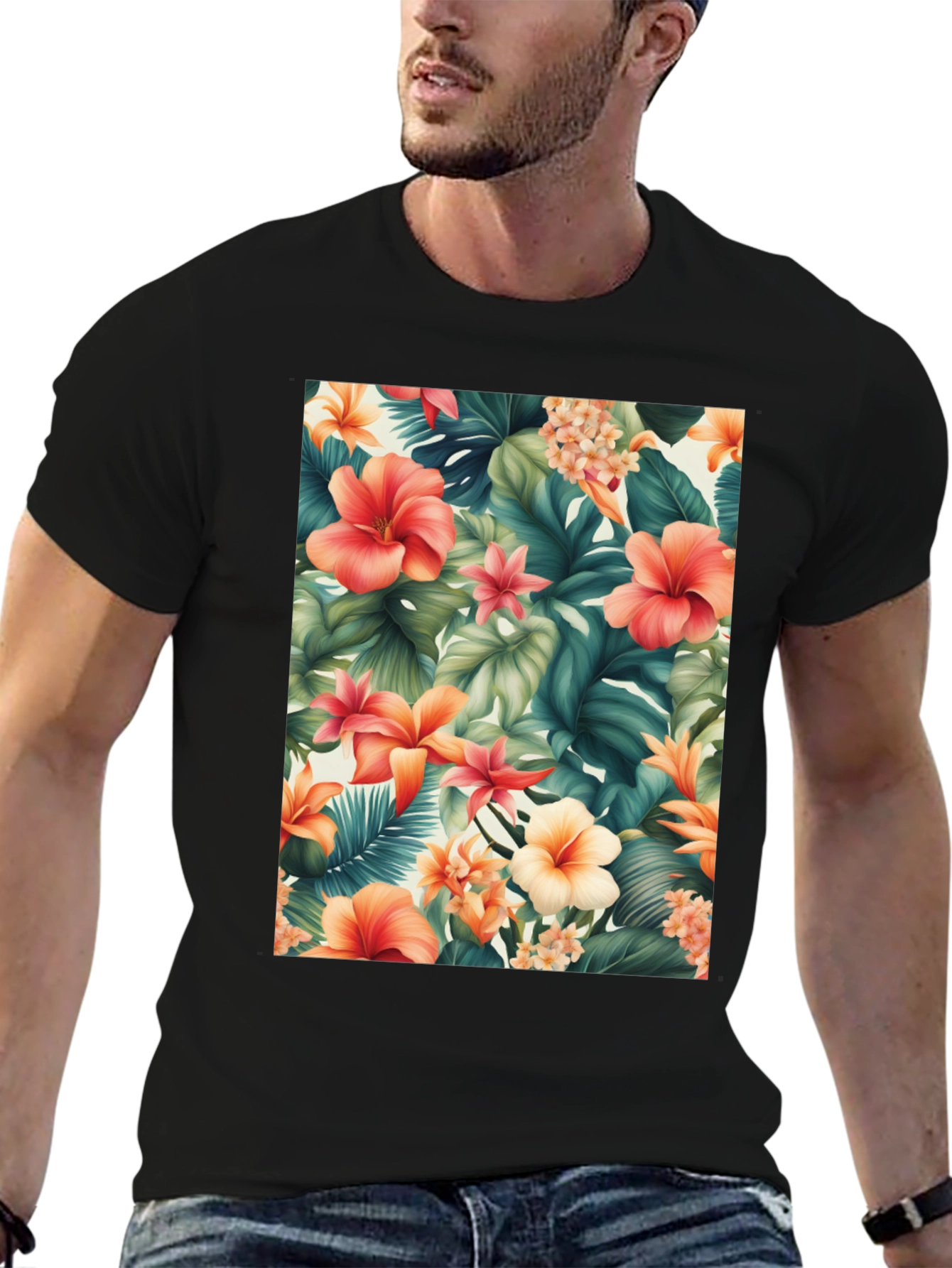 Tropical Floral Print Black T-Shirt