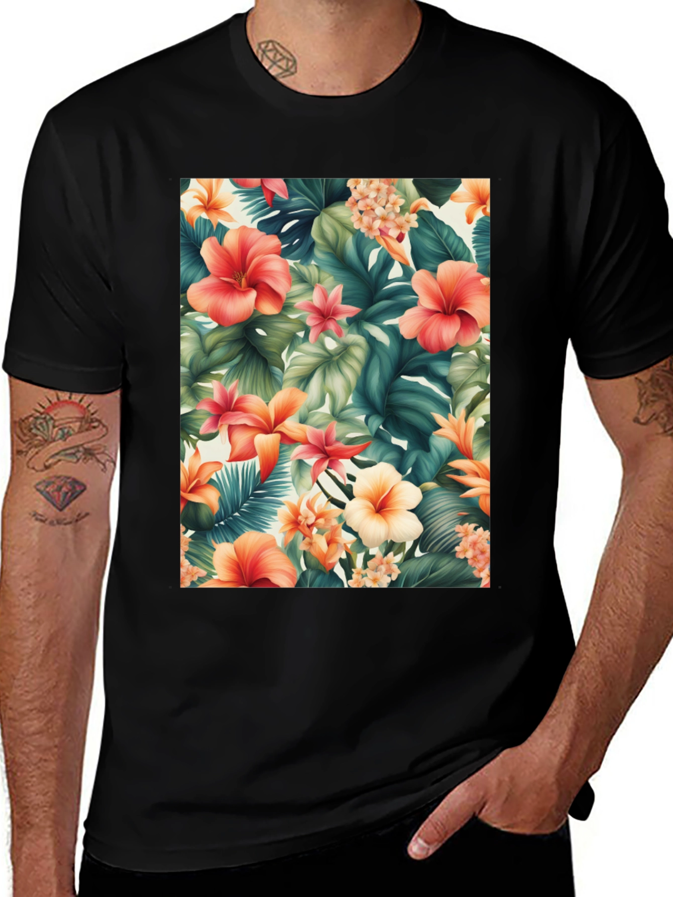 Tropical Floral Print Black T-Shirt