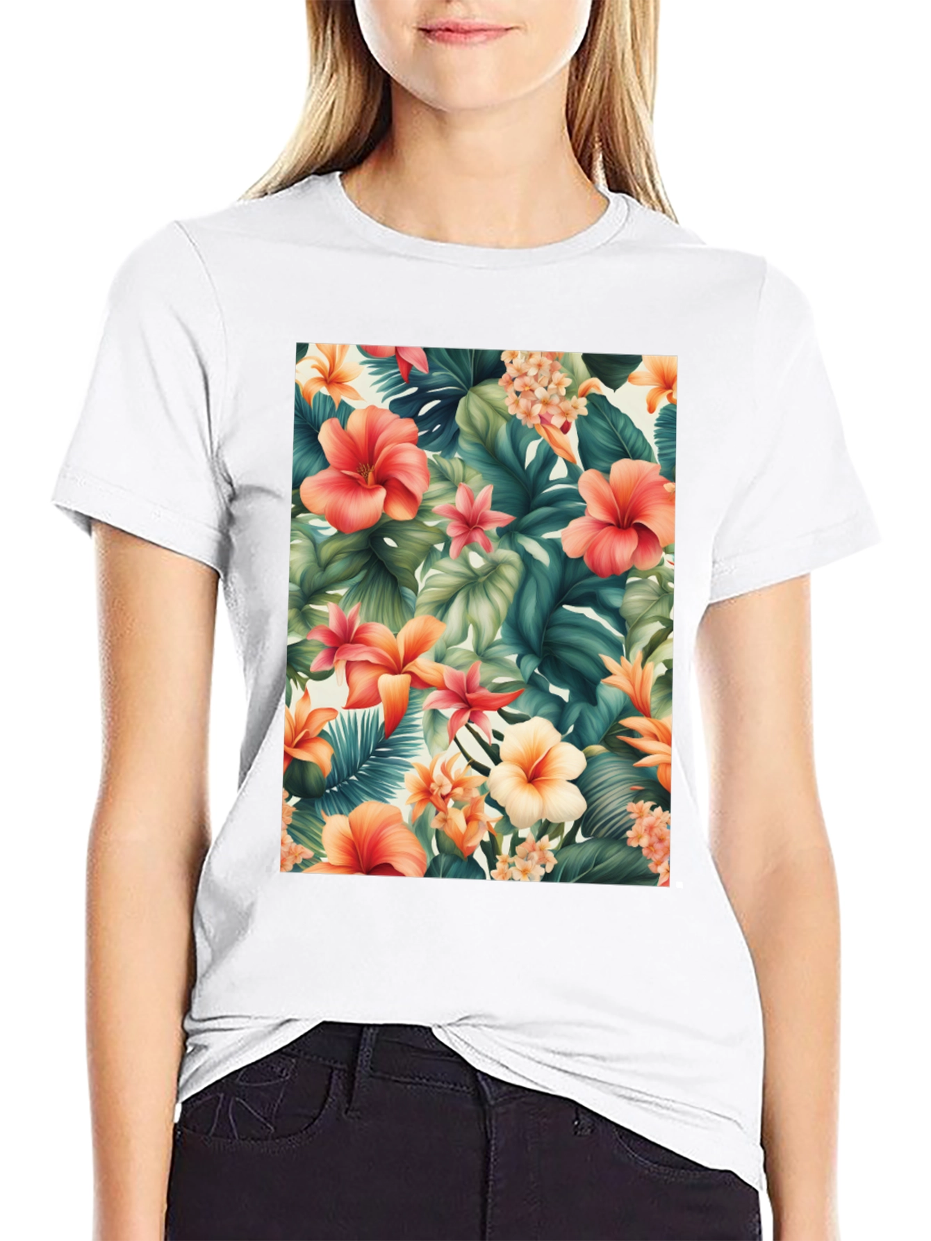Tropical Floral Print Black T-Shirt