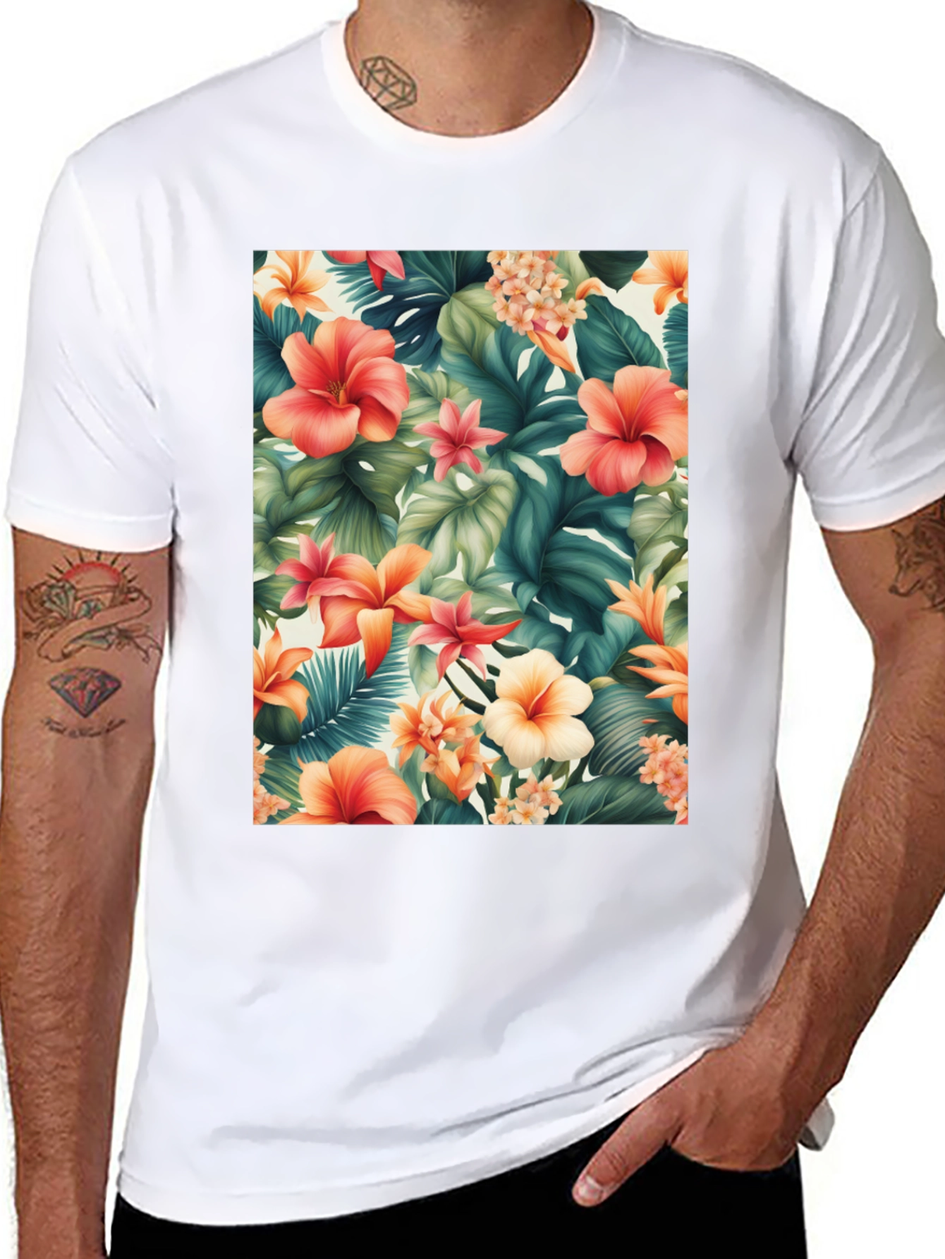 Tropical Floral Print Black T-Shirt