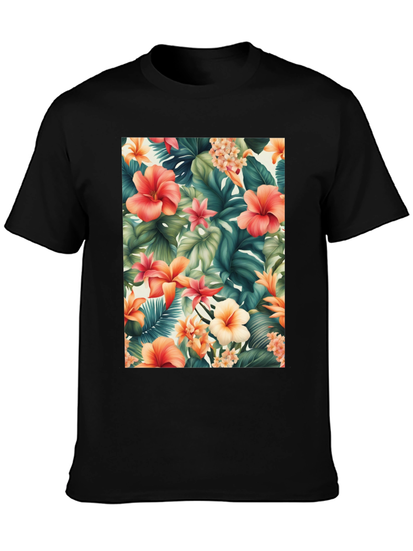 Tropical Floral Print Black T-Shirt