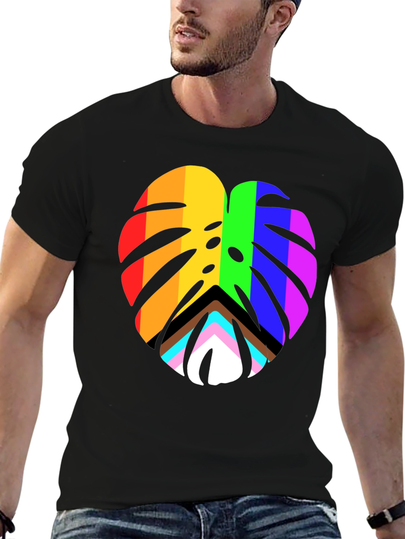 Pride Monstera Leaf Graphic Tee - Black Cotton Blend