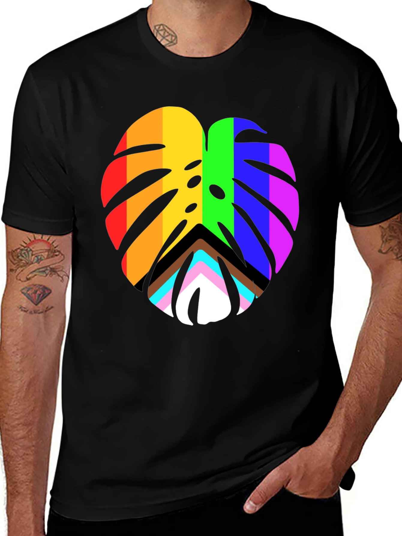 Pride Monstera Leaf Graphic Tee - Black Cotton Blend