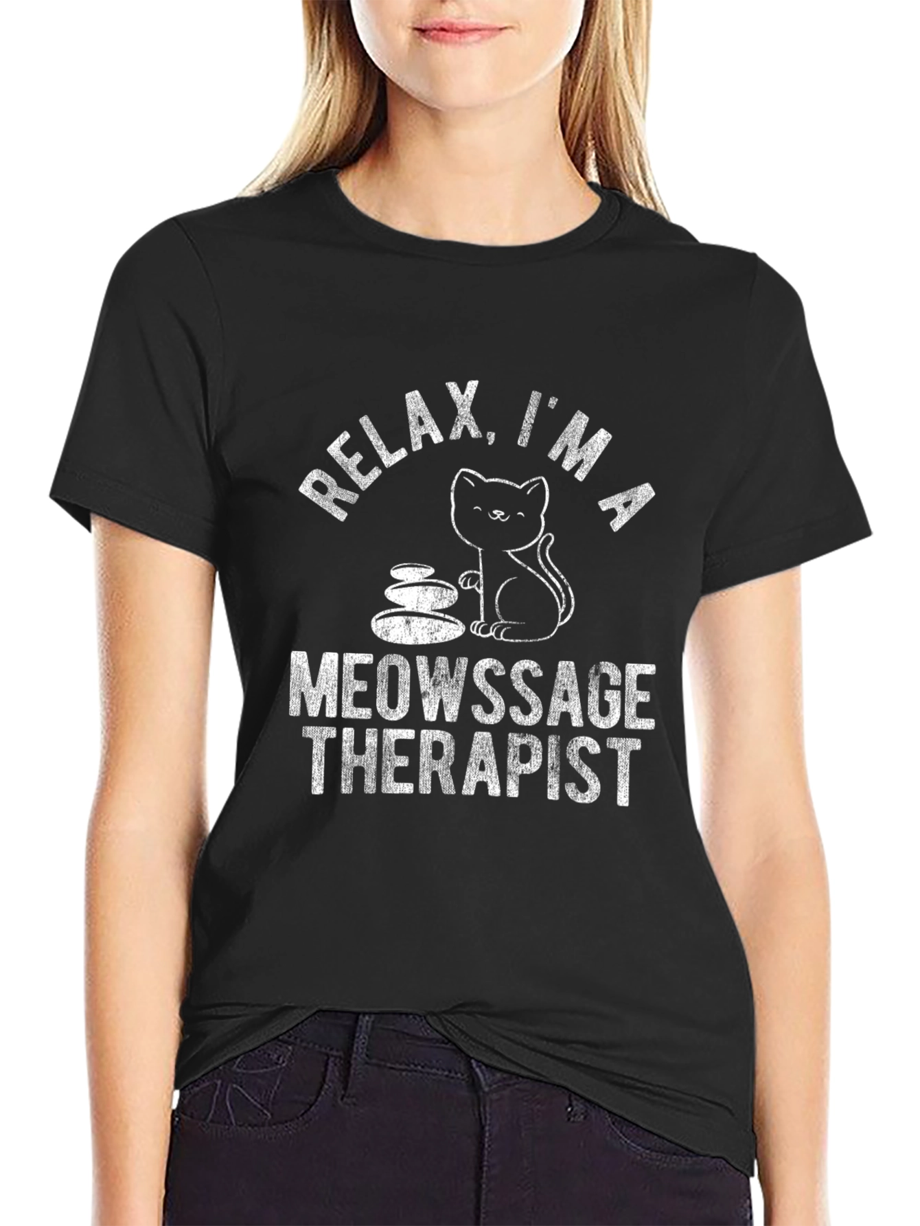 Relax Meowsage Therapist Cat Black T-Shirt