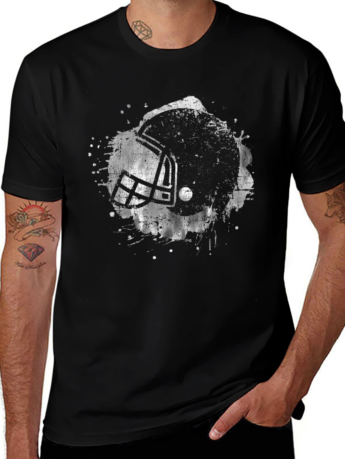Distressed Football Helmet Graphic Tee - Black