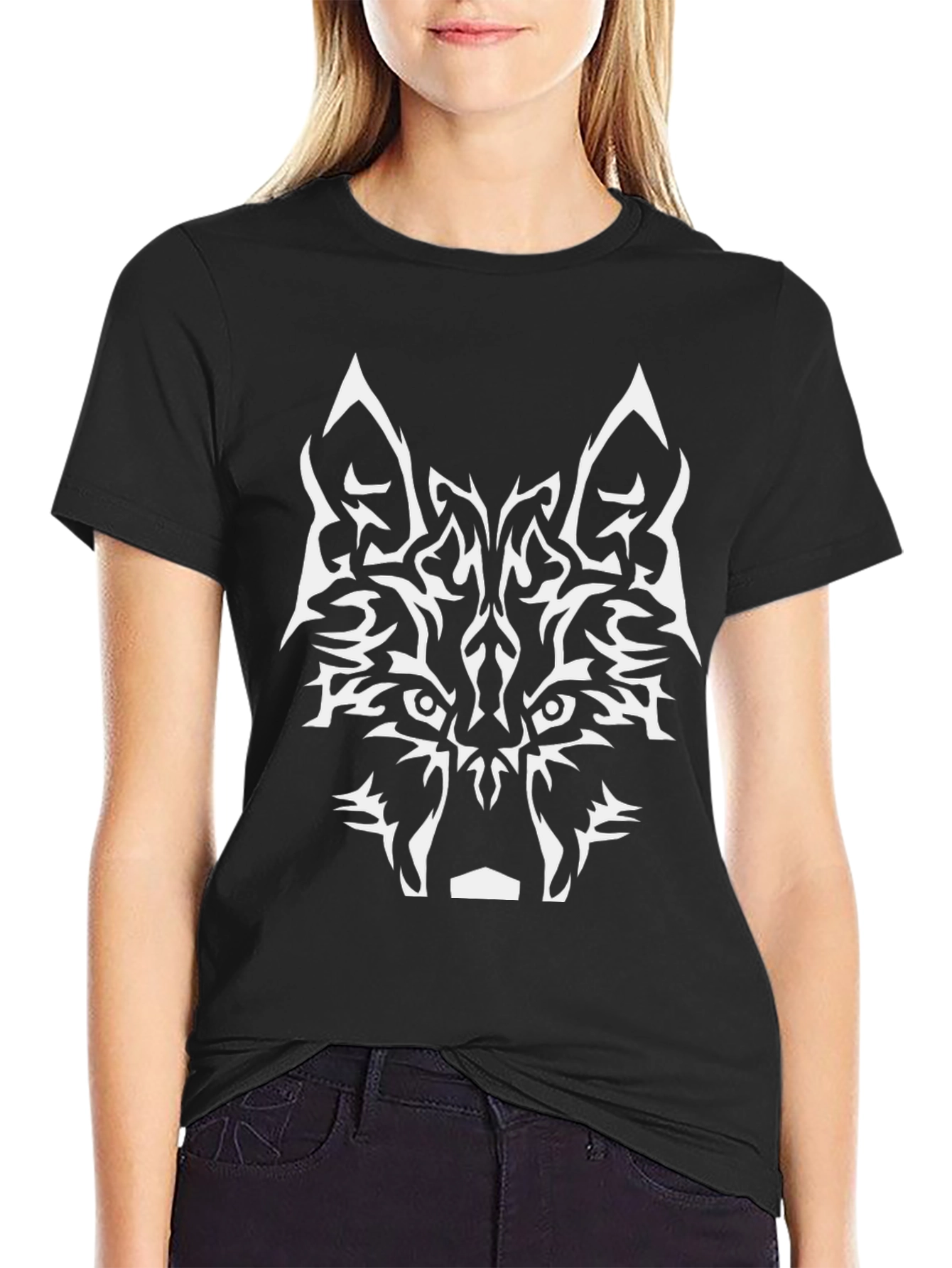 Tribal Wolf Graphic Black T-Shirt