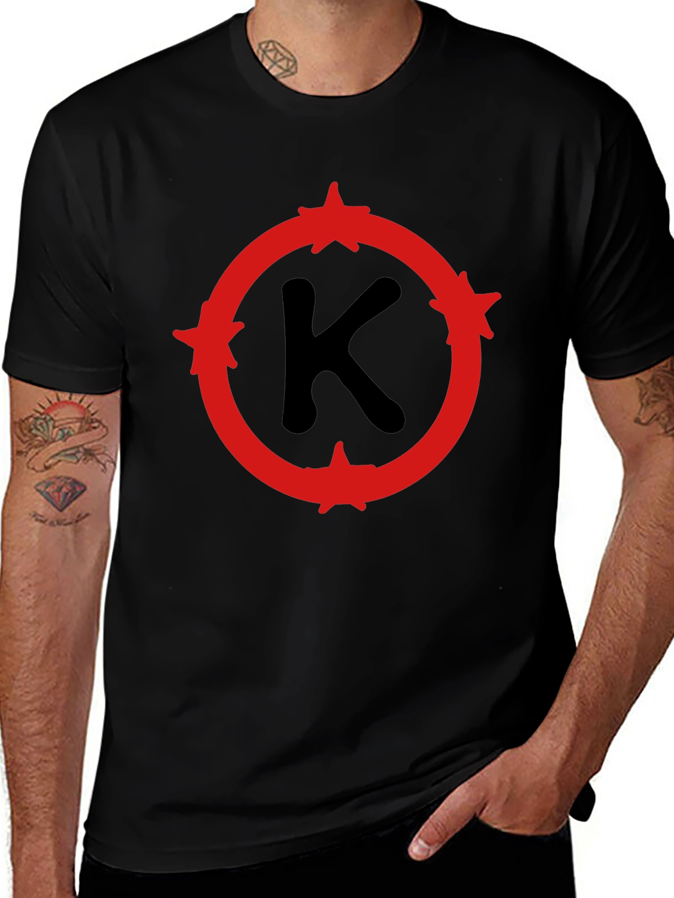 Mens Black T-Shirt with Red Letter K Design