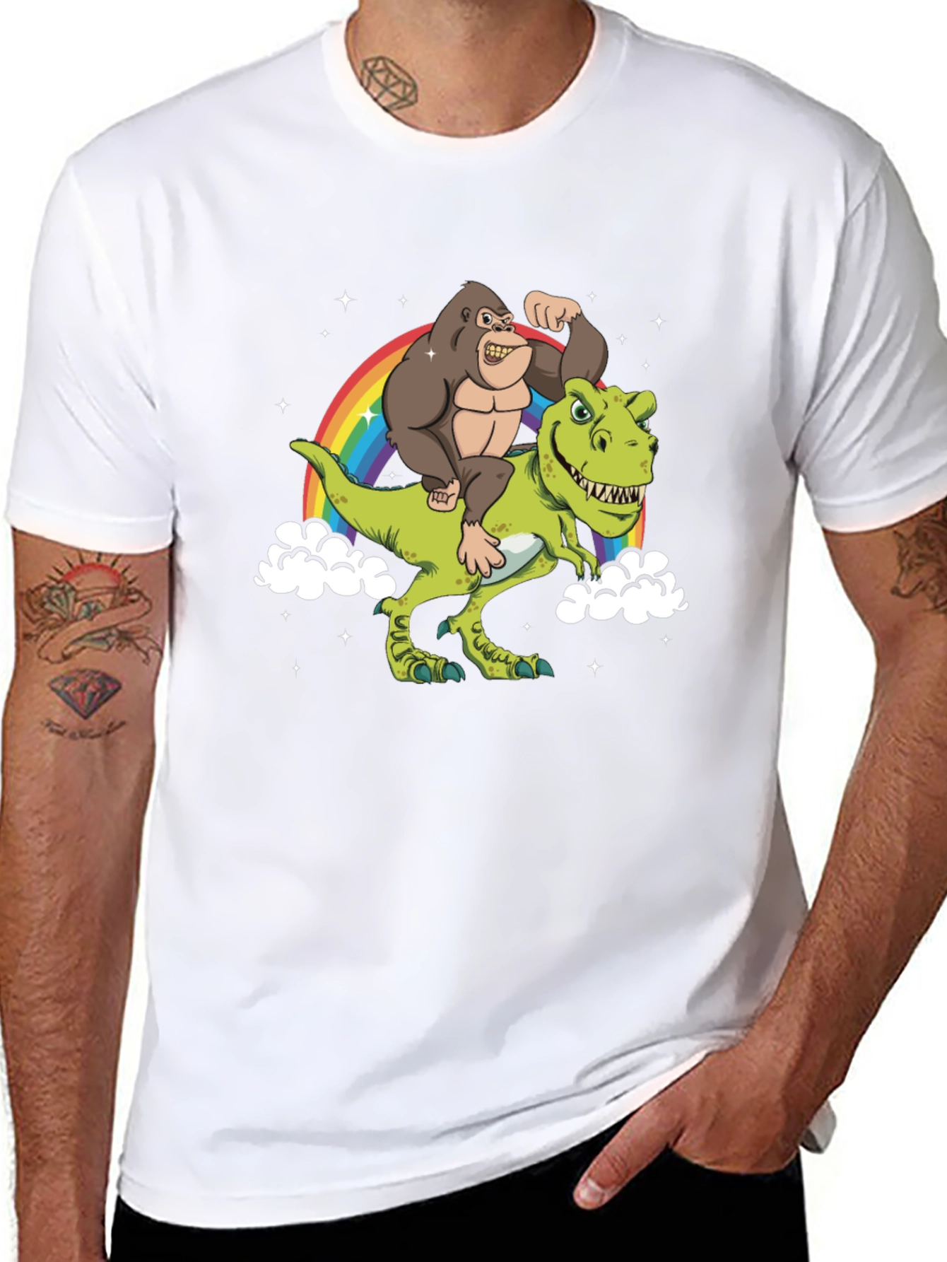 Gorilla Riding Dinosaur Rainbow T-Shirt