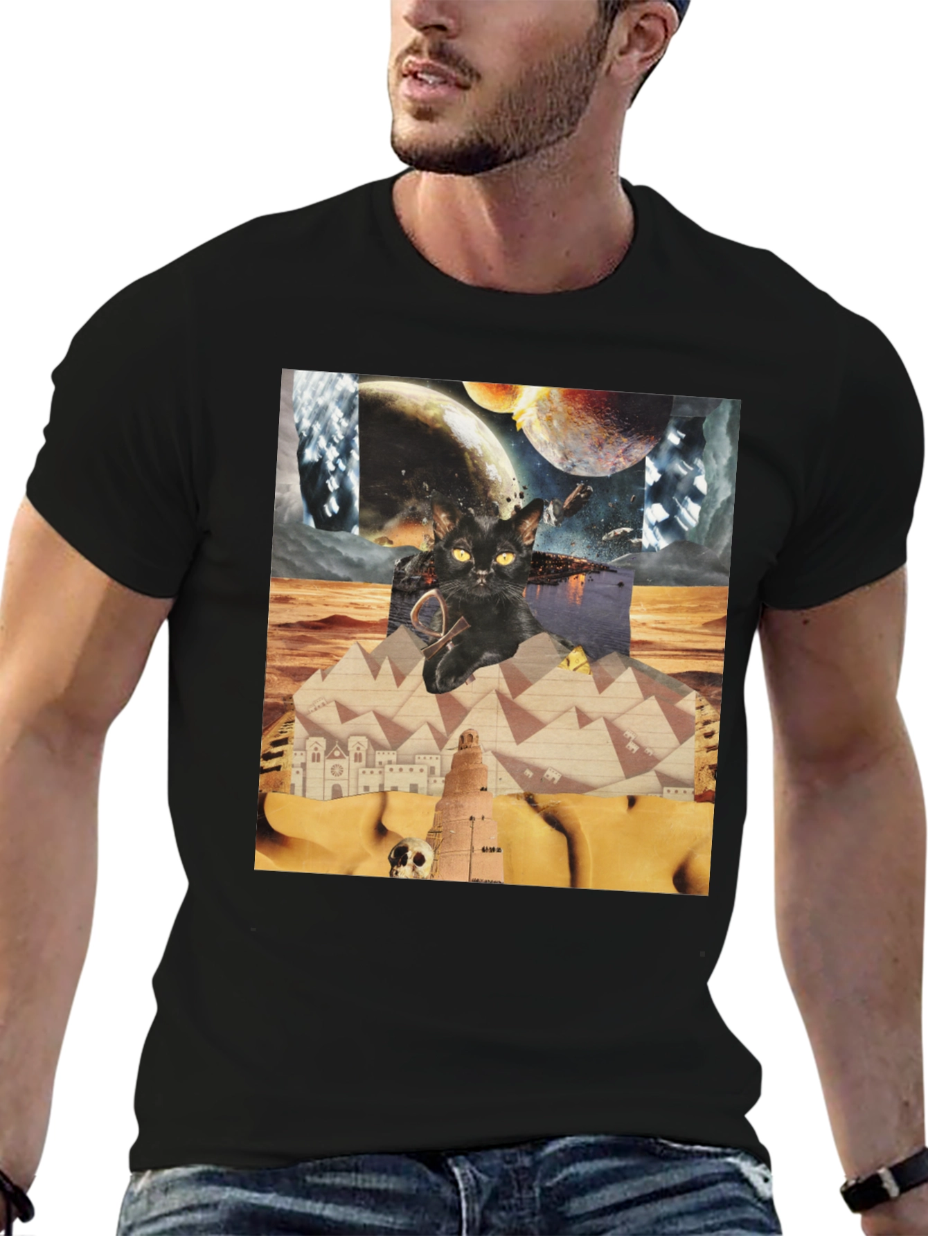 Surreal Cat Graphic Tee - Black Cotton Shirt