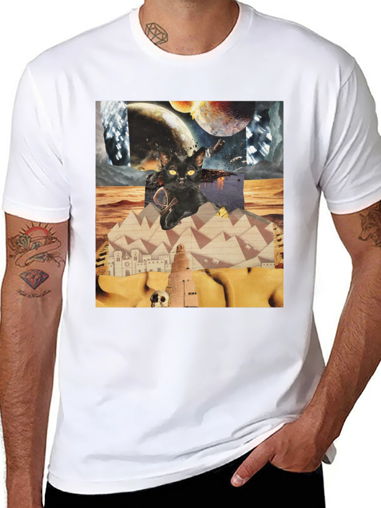 Surreal Cat Graphic Tee - Black Cotton Shirt