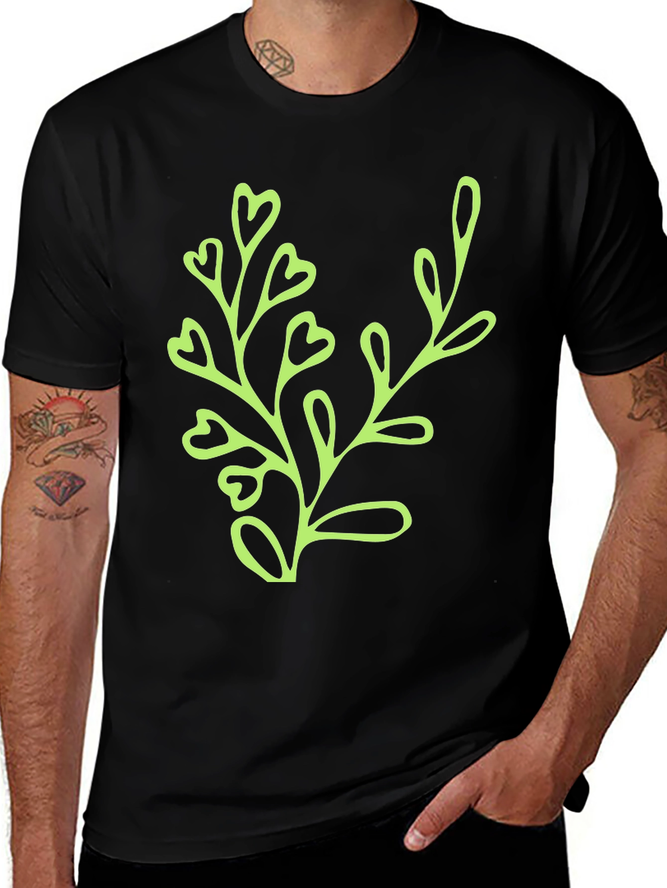Black T-Shirt with Green Plant Design