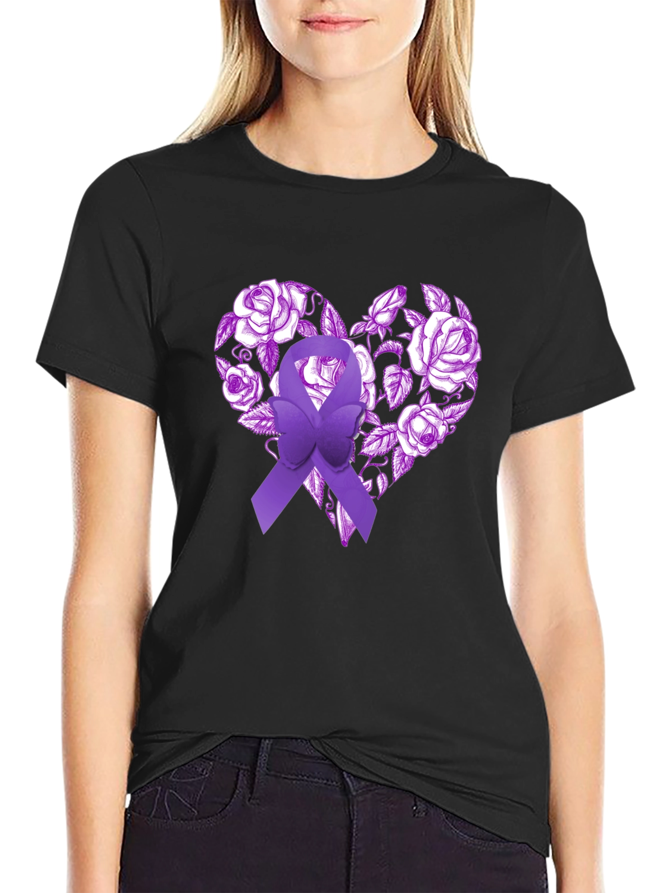 Purple Ribbon Heart Floral T-Shirt - Awareness Tee