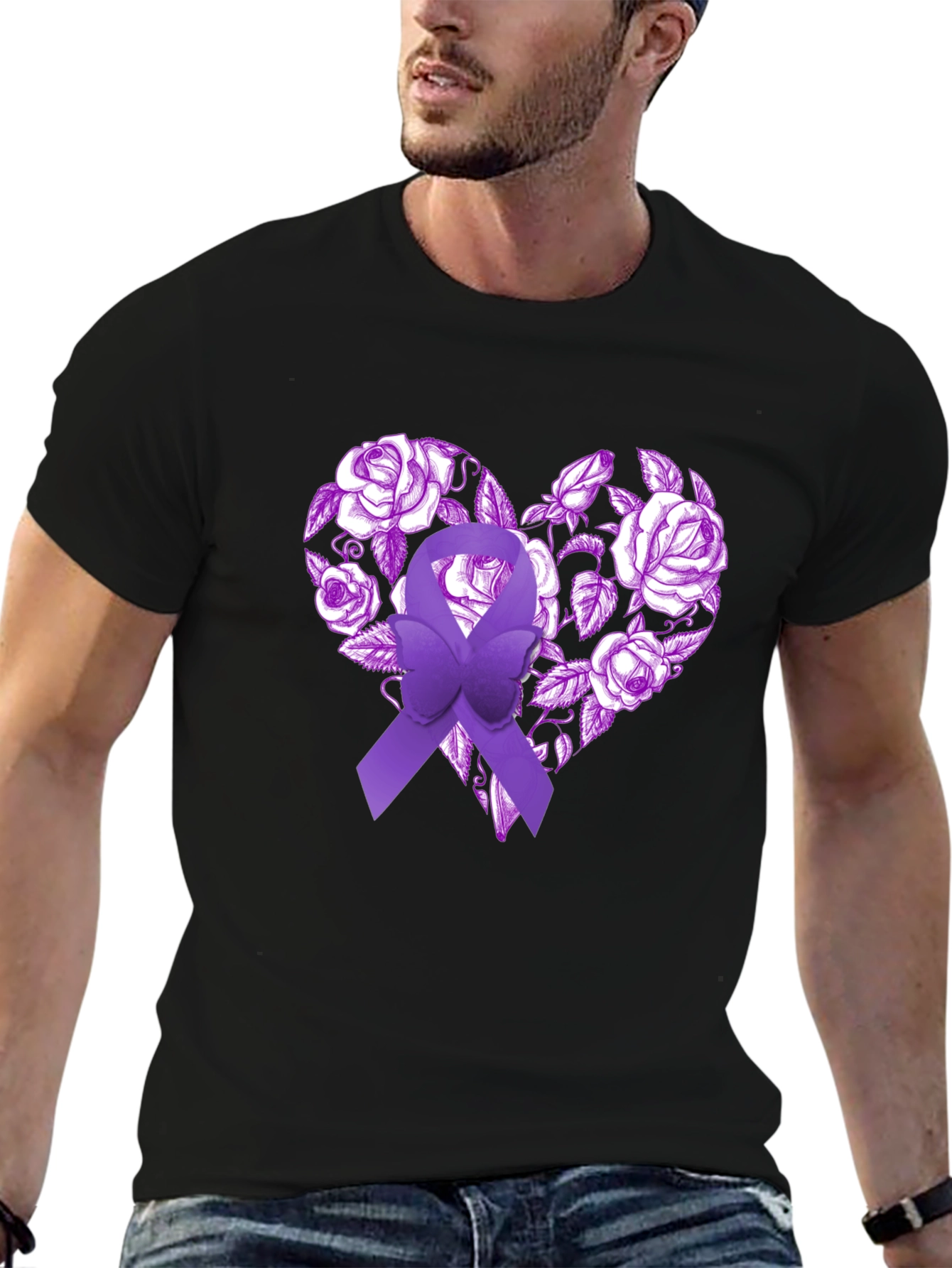 Purple Ribbon Heart Floral T-Shirt - Awareness Tee