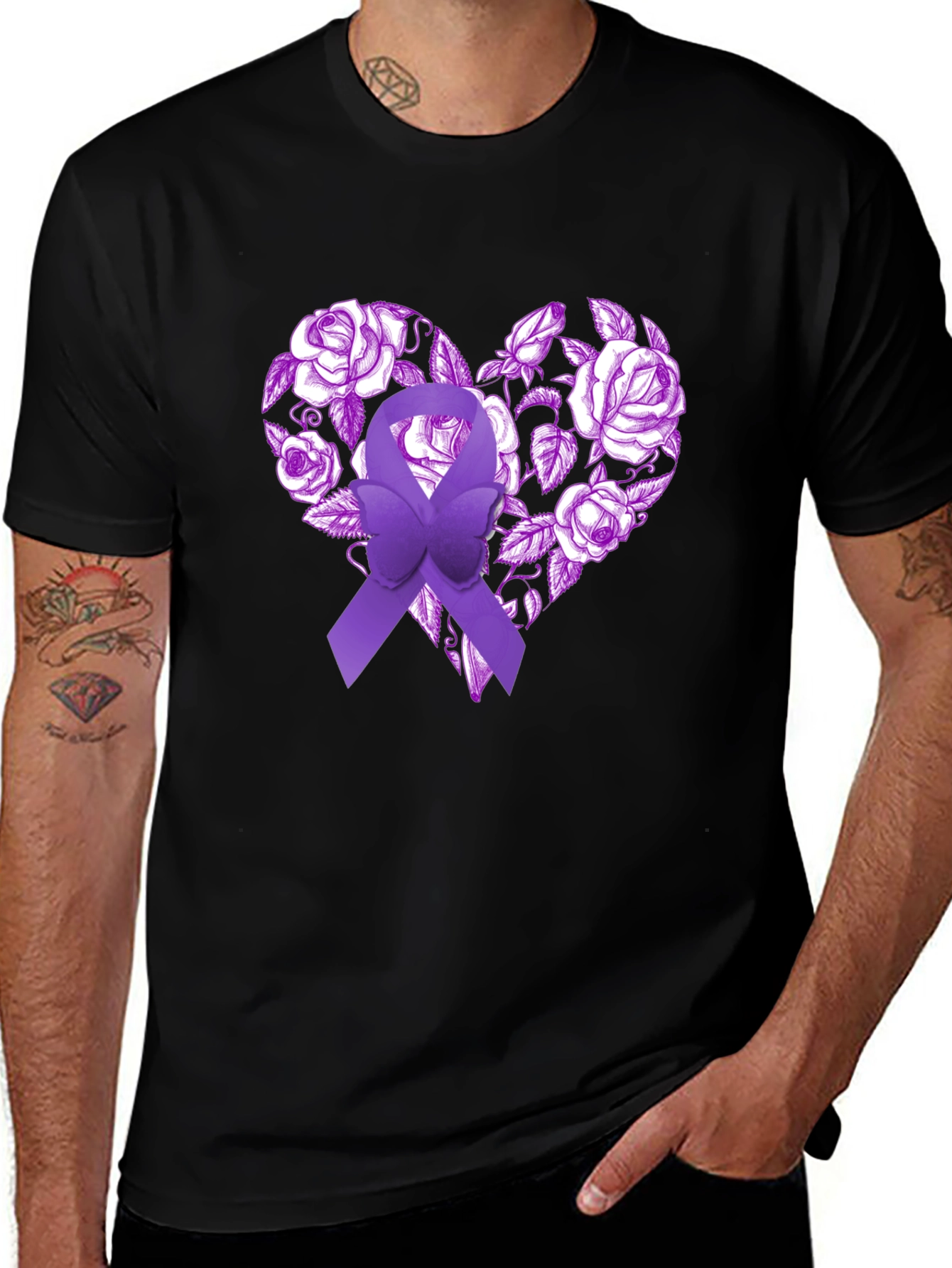 Purple Ribbon Heart Floral T-Shirt - Awareness Tee