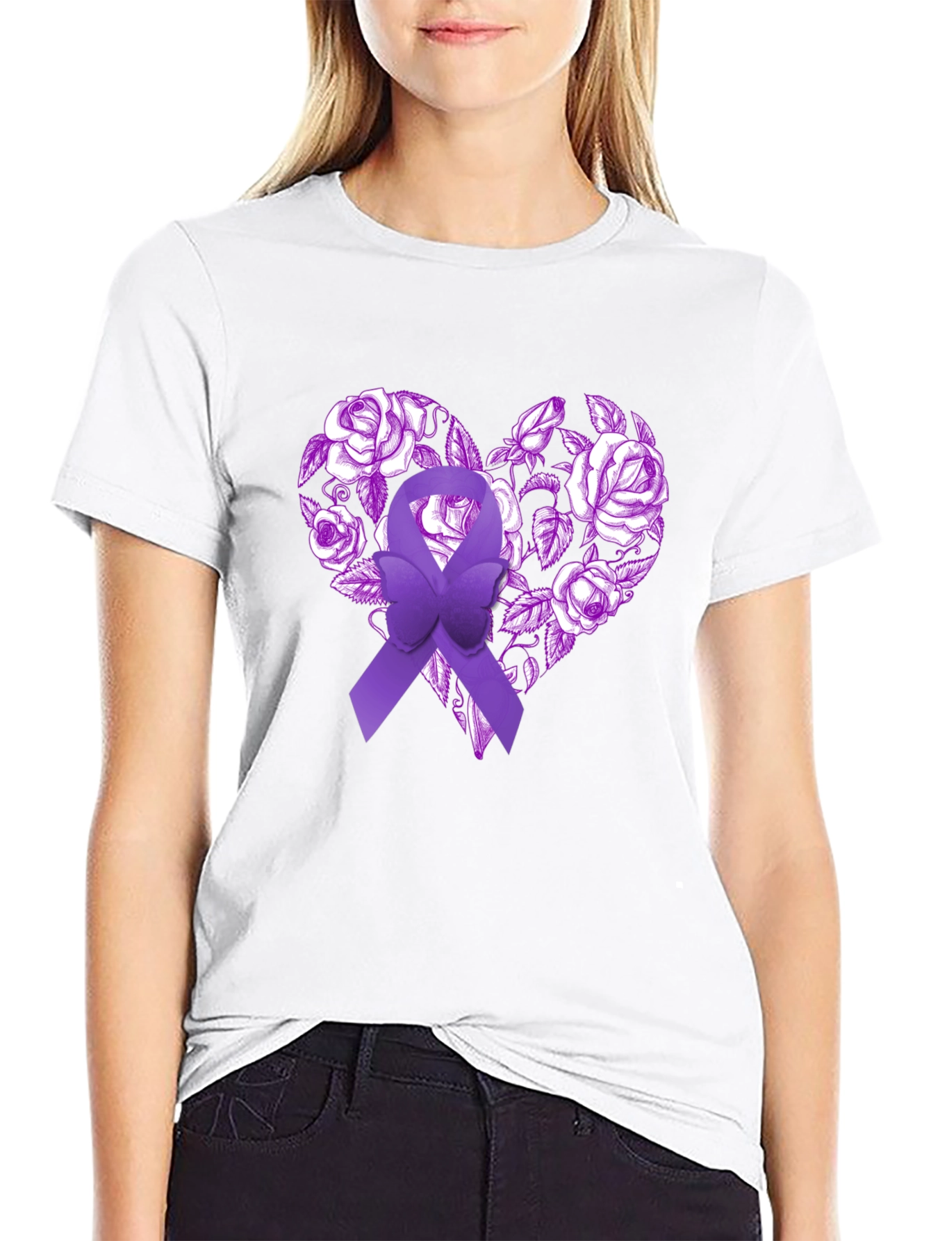 Purple Ribbon Heart Floral T-Shirt - Awareness Tee
