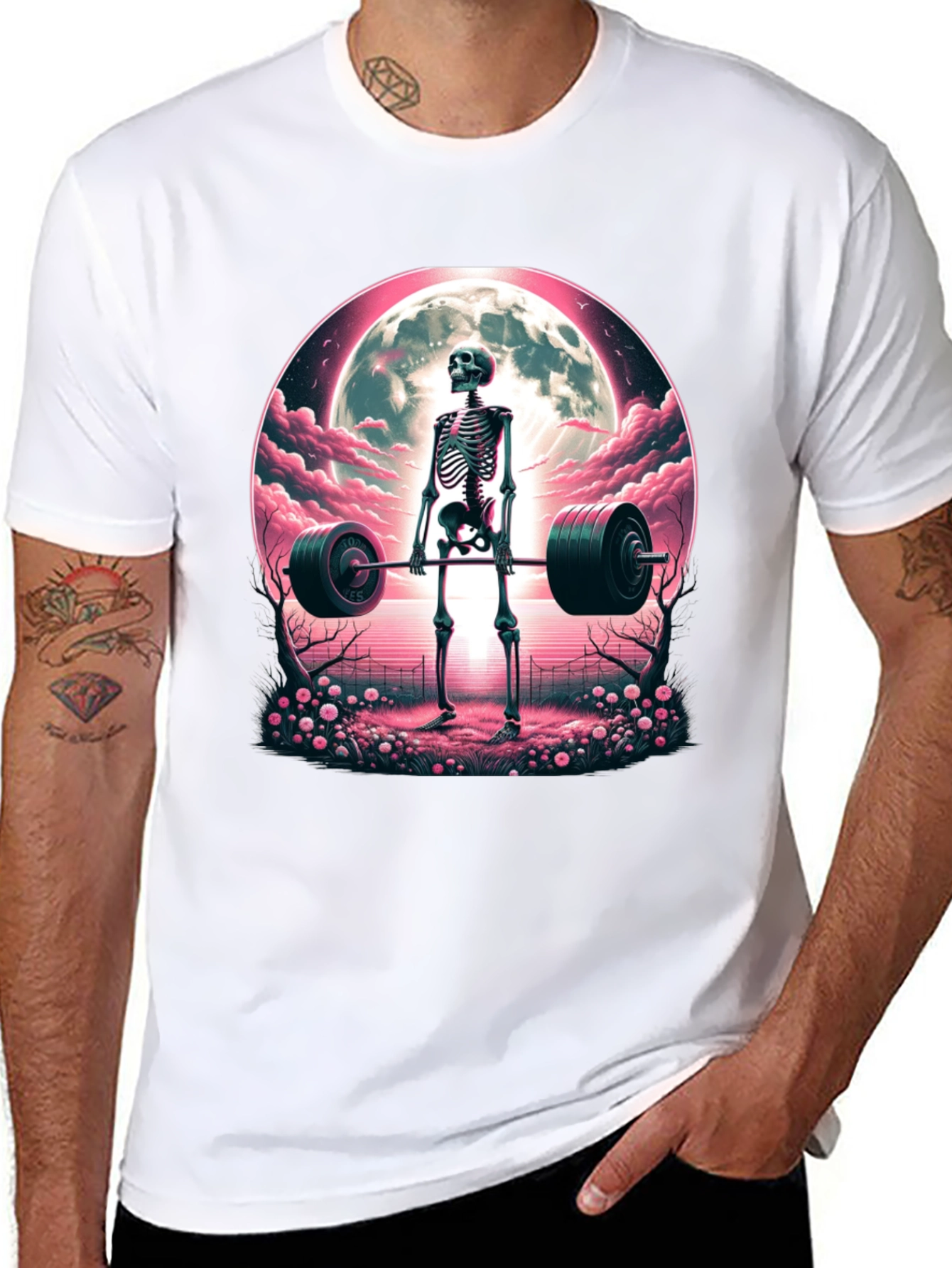 Skeleton Weightlifting T-Shirt: Deadlifts Under the Moon