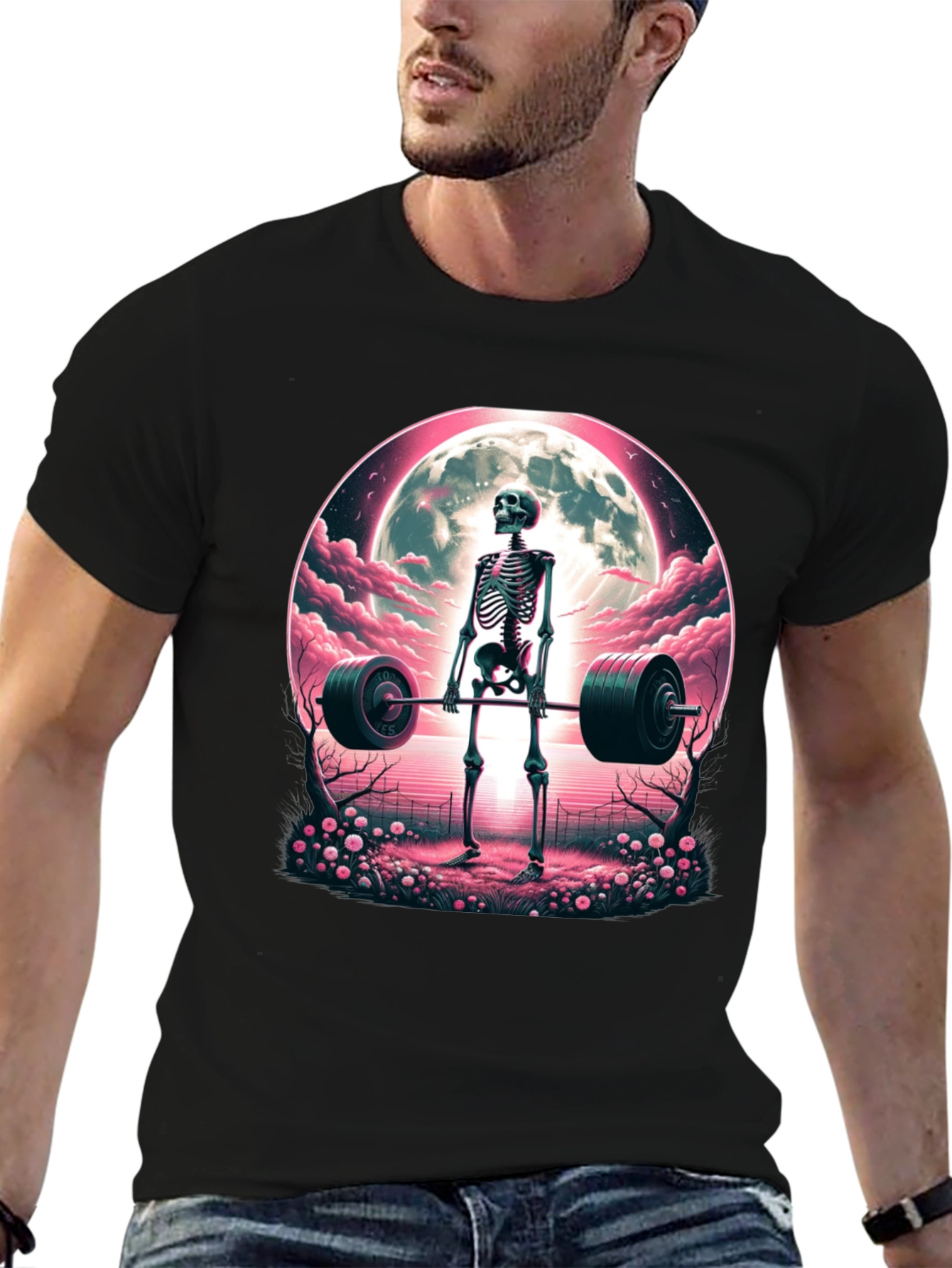 Skeleton Weightlifting T-Shirt: Deadlifts Under the Moon