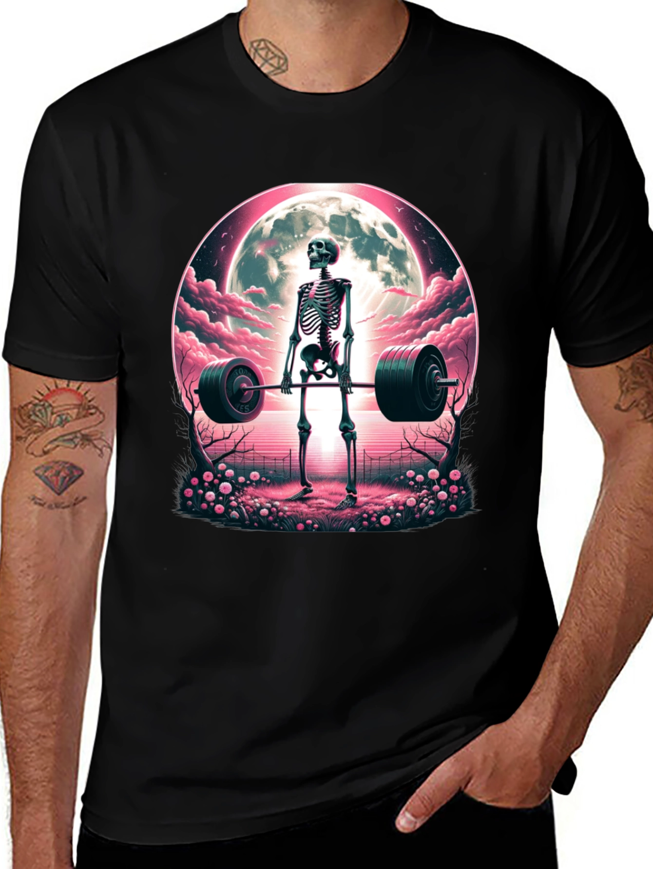 Skeleton Weightlifting T-Shirt: Deadlifts Under the Moon