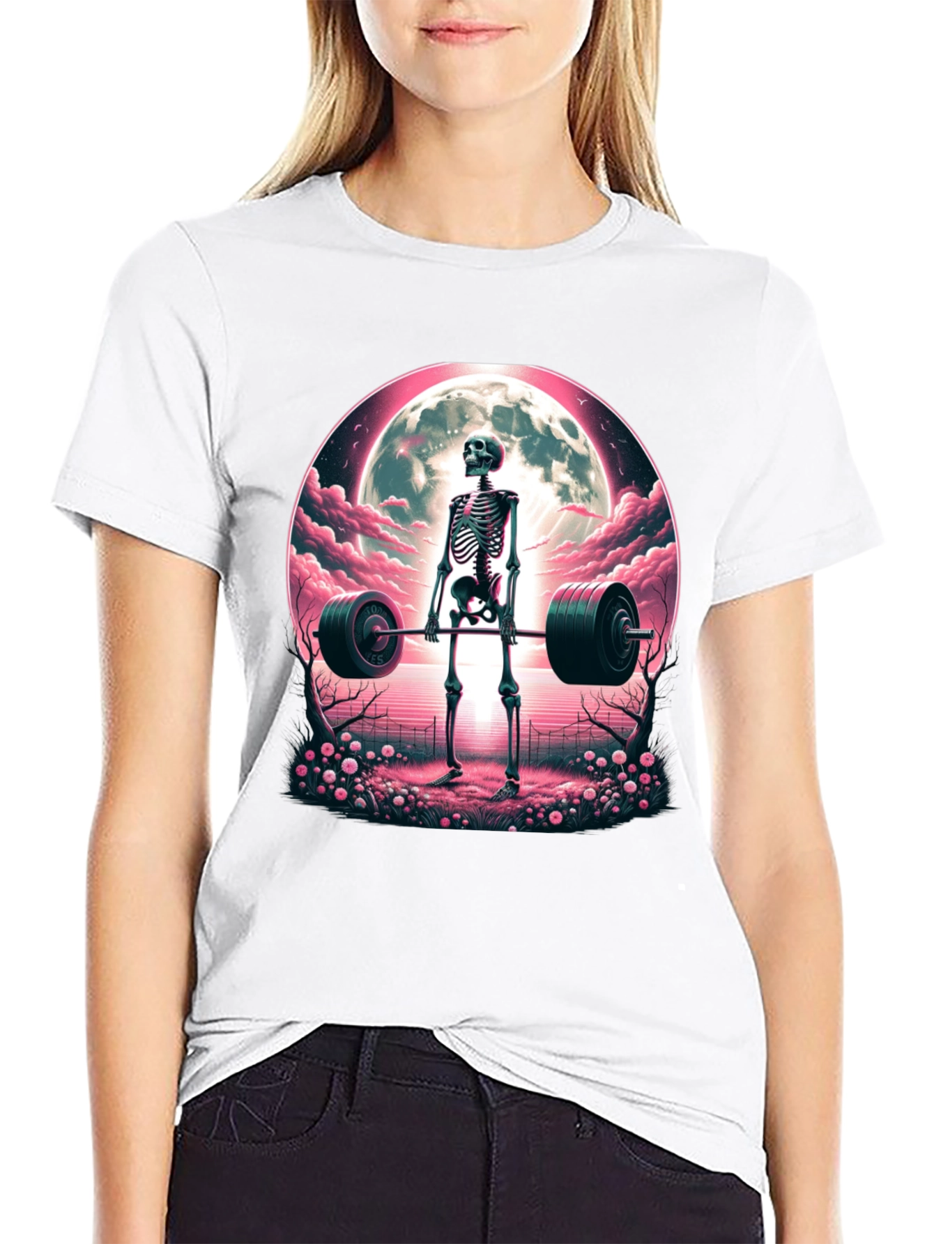 Skeleton Weightlifting T-Shirt: Deadlifts Under the Moon