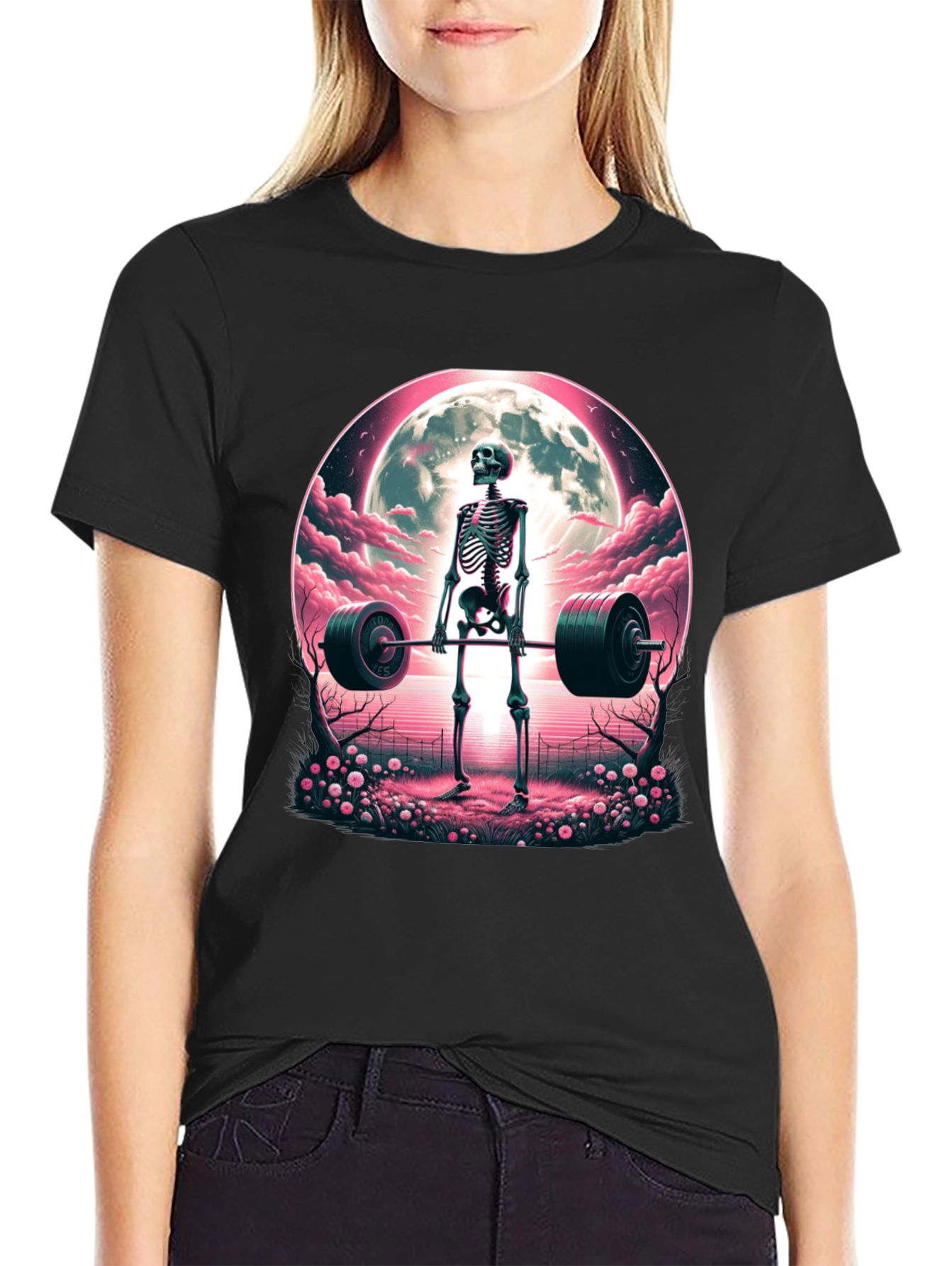 Skeleton Weightlifting T-Shirt: Deadlifts Under the Moon