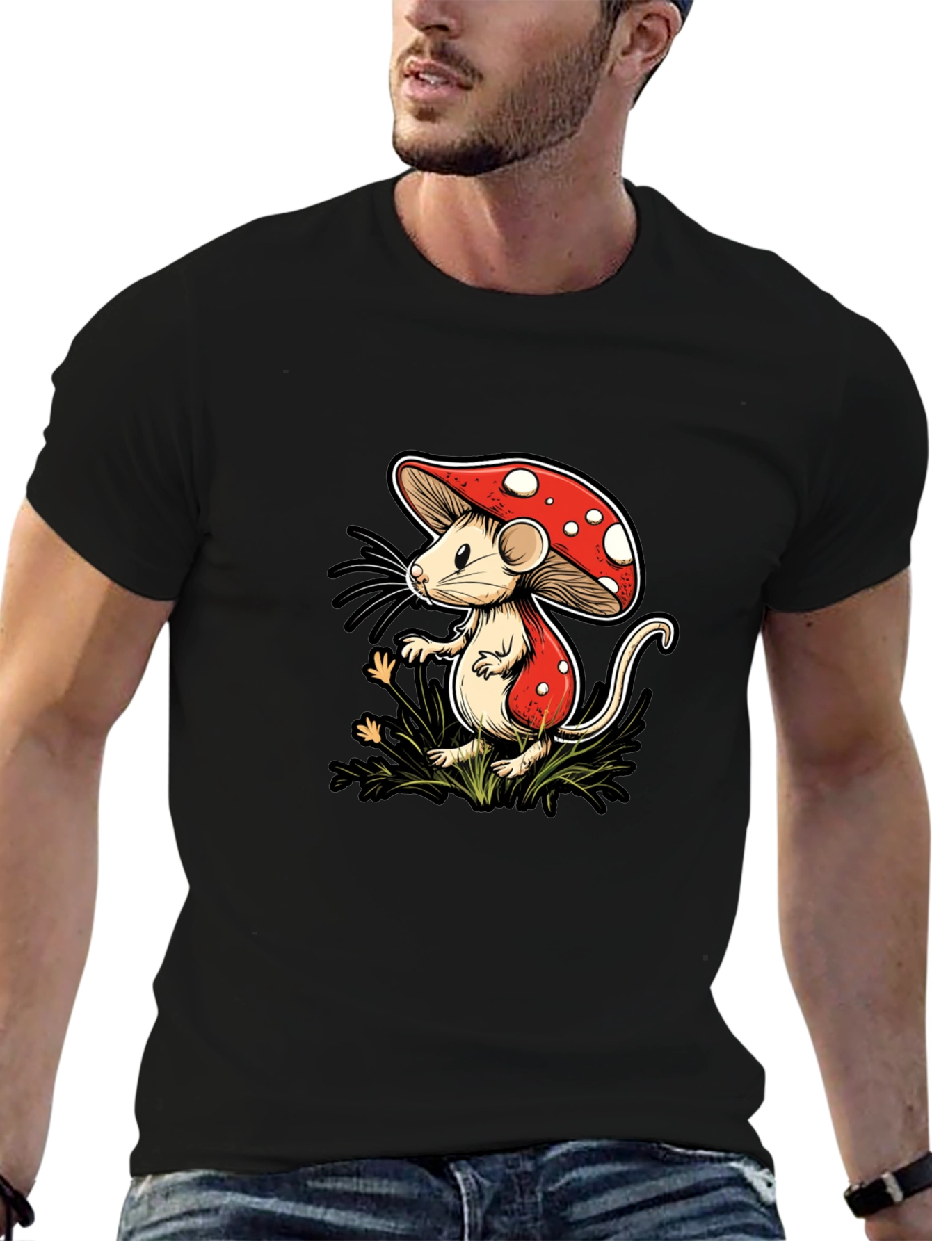 Mushroom Mouse Graphic Tee - Black Cotton