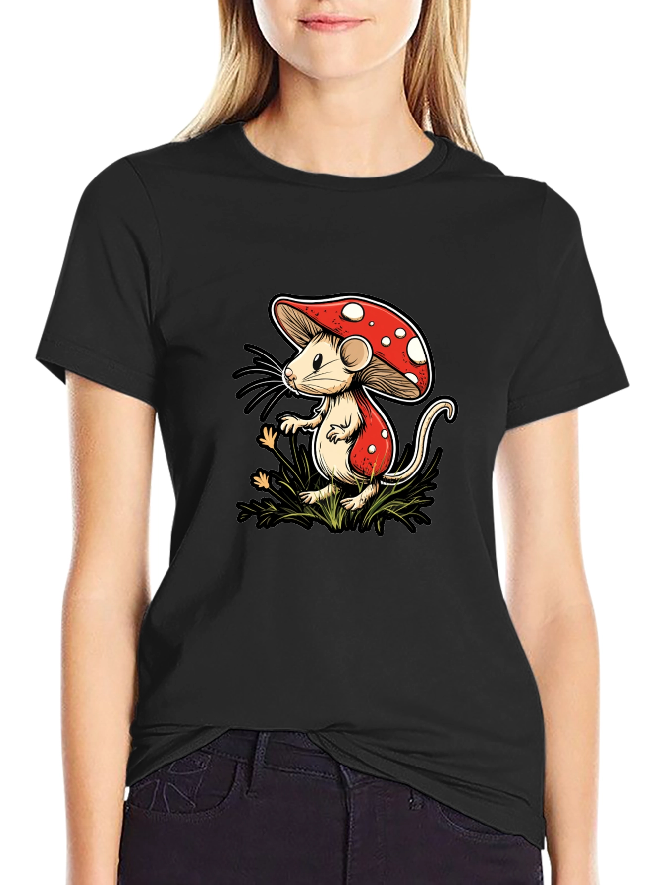 Mushroom Mouse Graphic Tee - Black Cotton