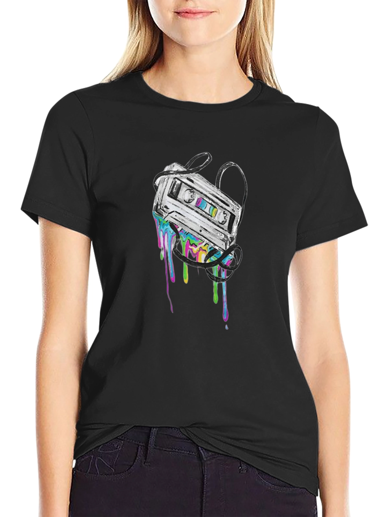 Retro Cassette Tape Drip Graphic Tee - Black