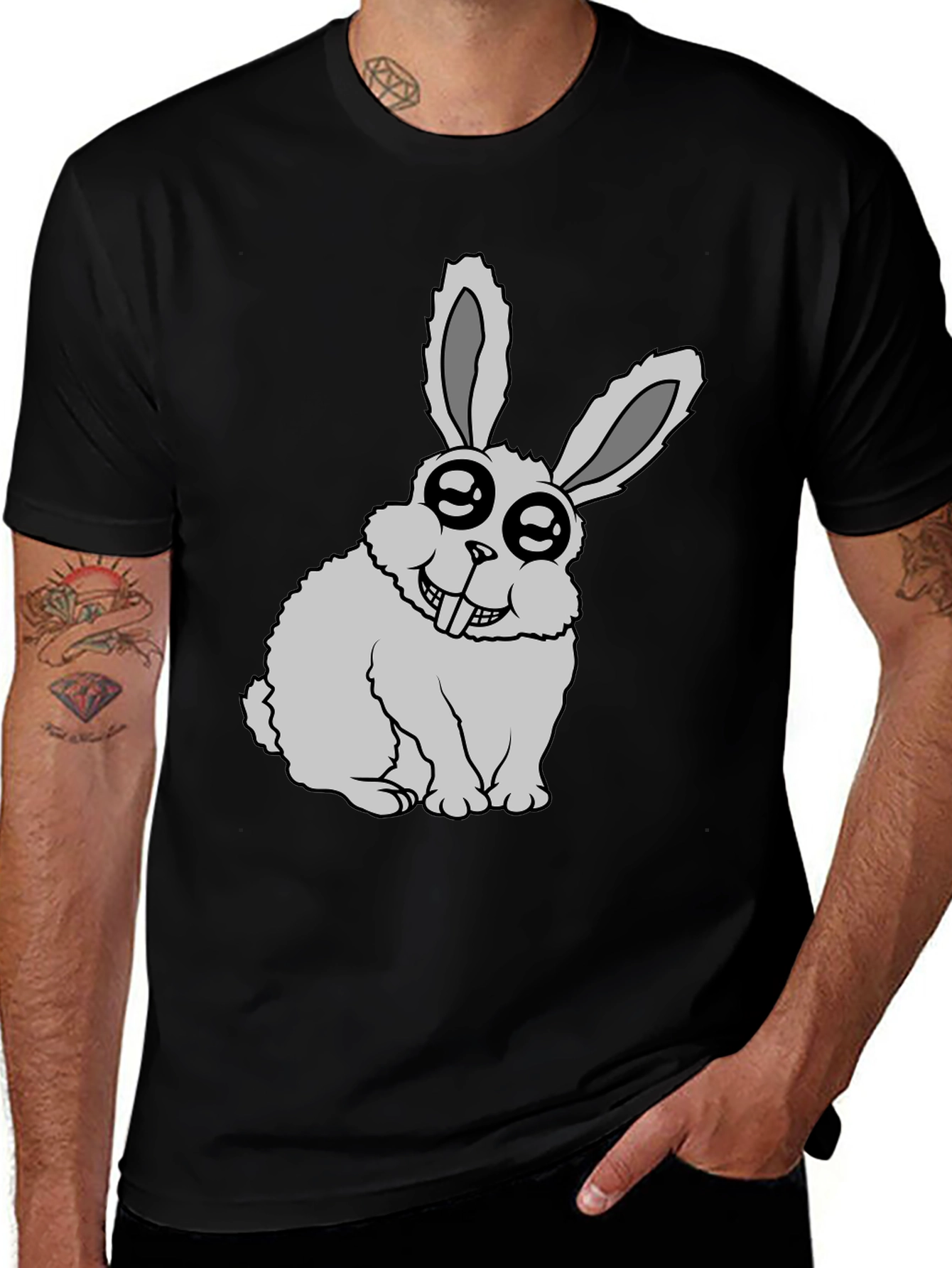 Funny Rabbit Graphic Tee - Black Cotton Casual T-Shirt