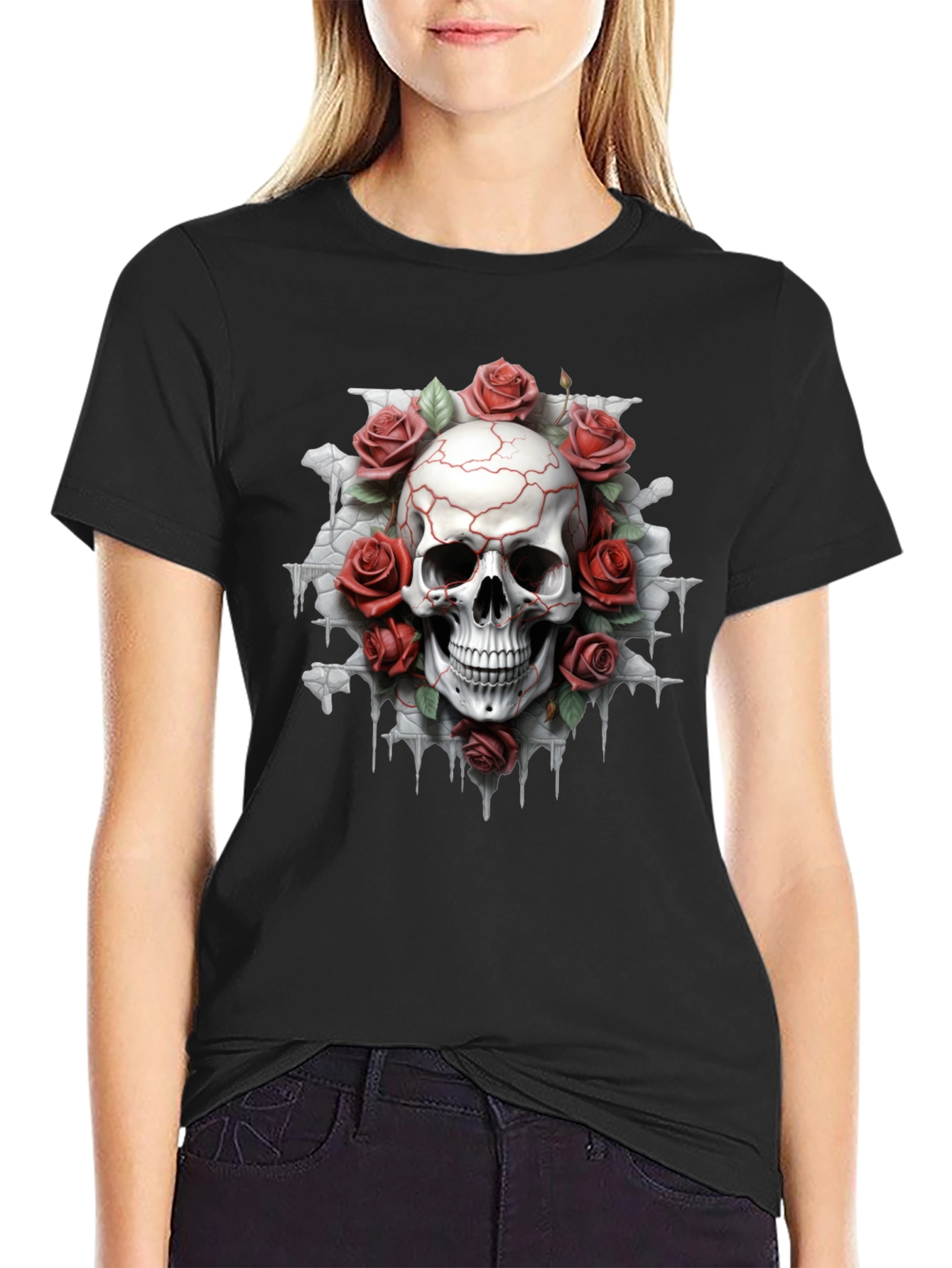 Skull & Roses Graphic Tee - Dark Aesthetic