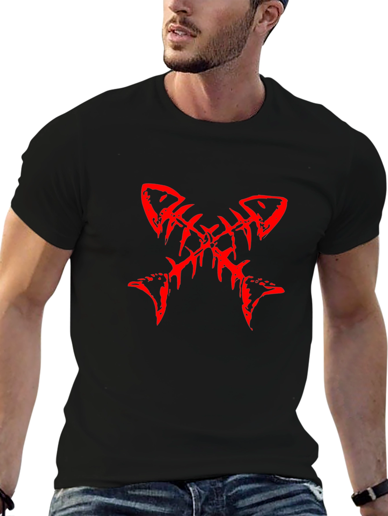 Red Fishbone Graphic Black T-Shirt