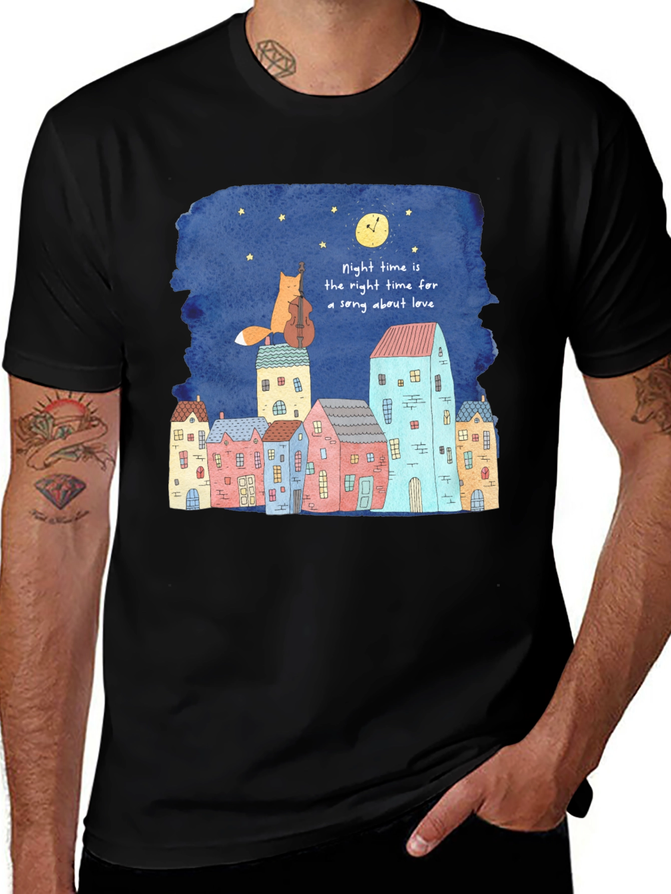 Night Time Fox Cello Graphic T-Shirt