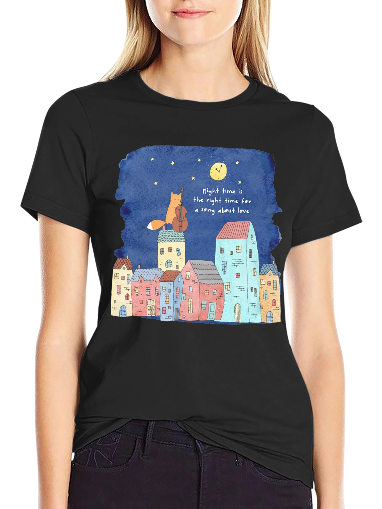 Night Time Fox Cello Graphic T-Shirt