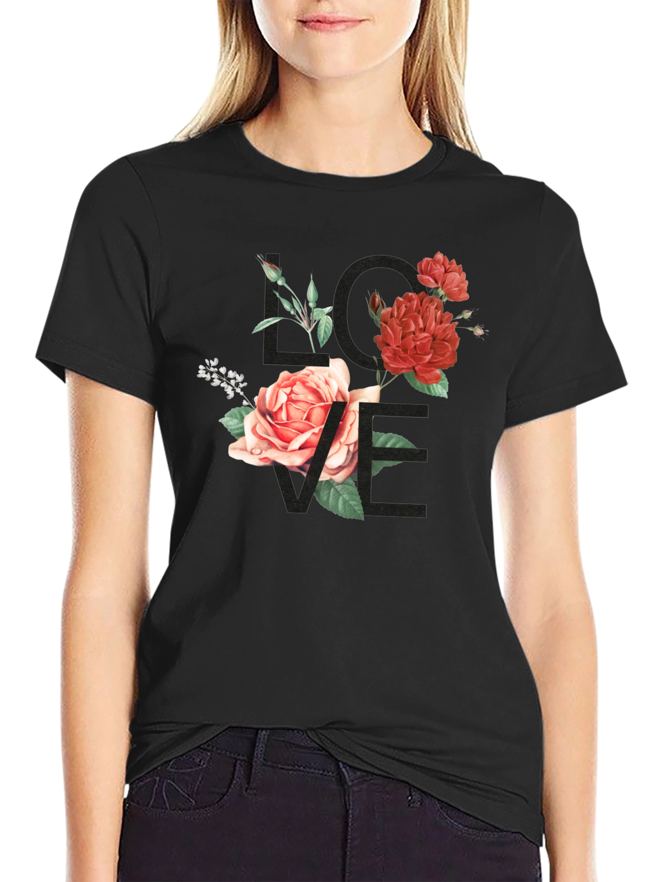Floral LOVE Graphic Tee - Stylish Black T-Shirt