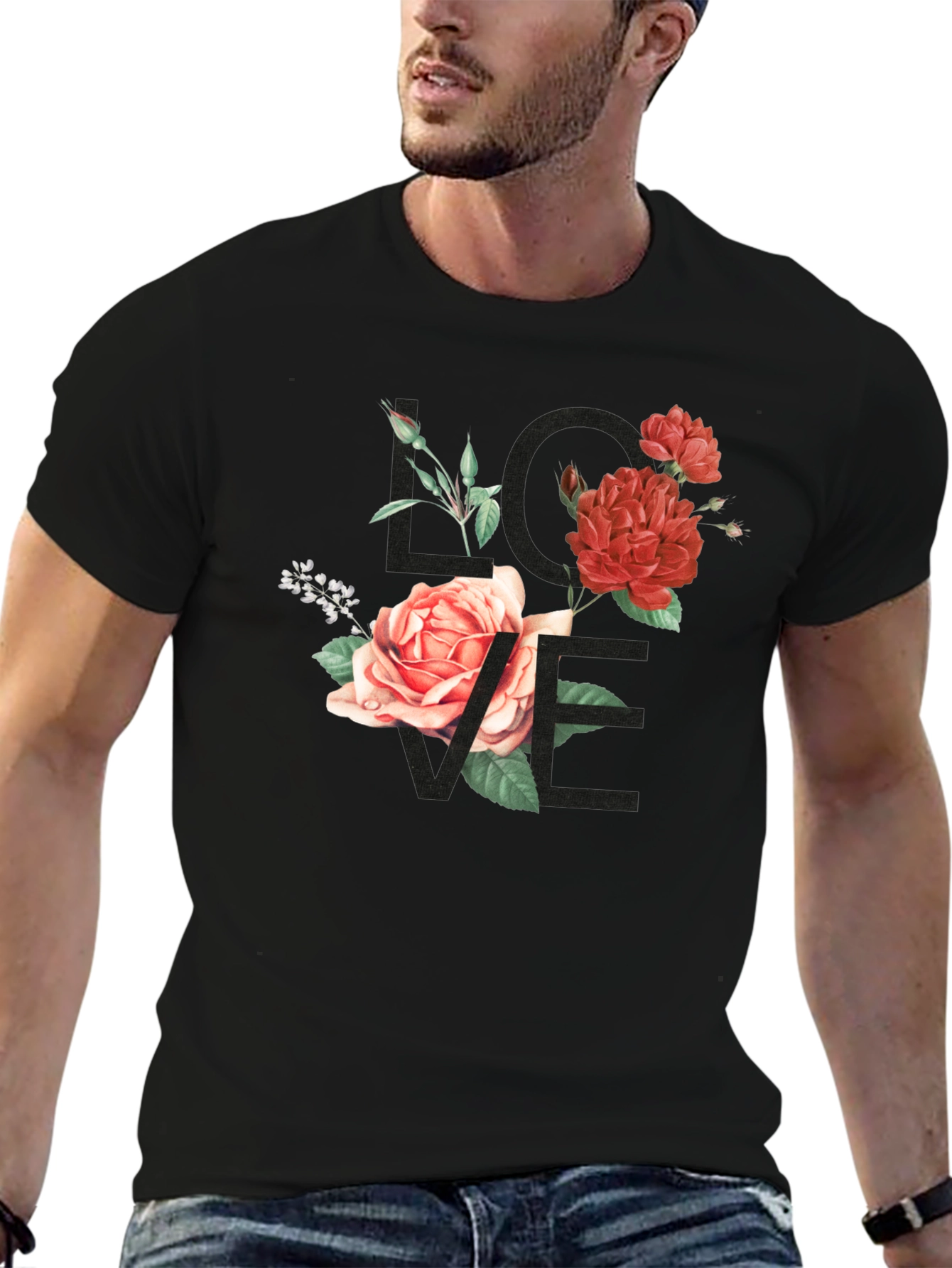 Floral LOVE Graphic Tee - Stylish Black T-Shirt