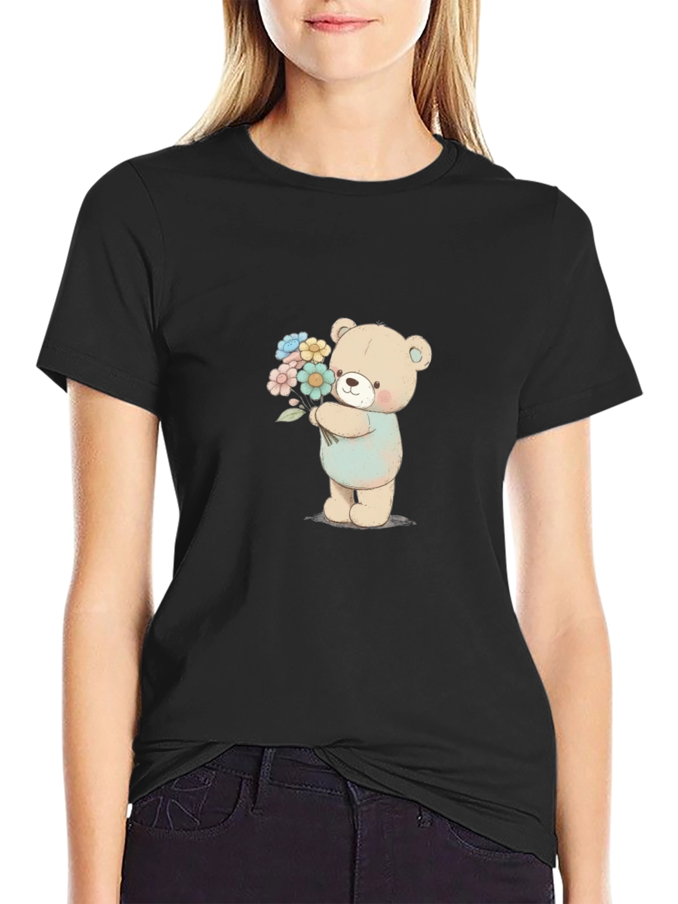 Cute Teddy Bear Holding Flowers Graphic Tee