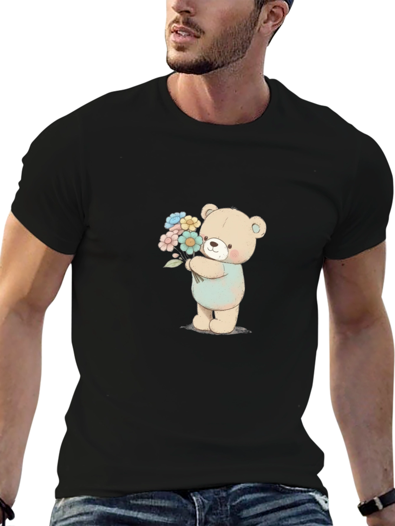 Cute Teddy Bear Holding Flowers Graphic Tee