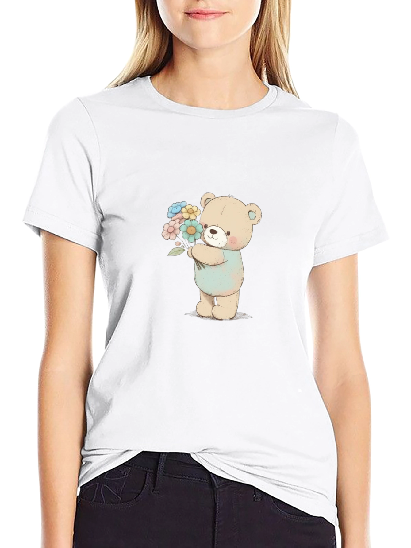 Cute Teddy Bear Holding Flowers Graphic Tee